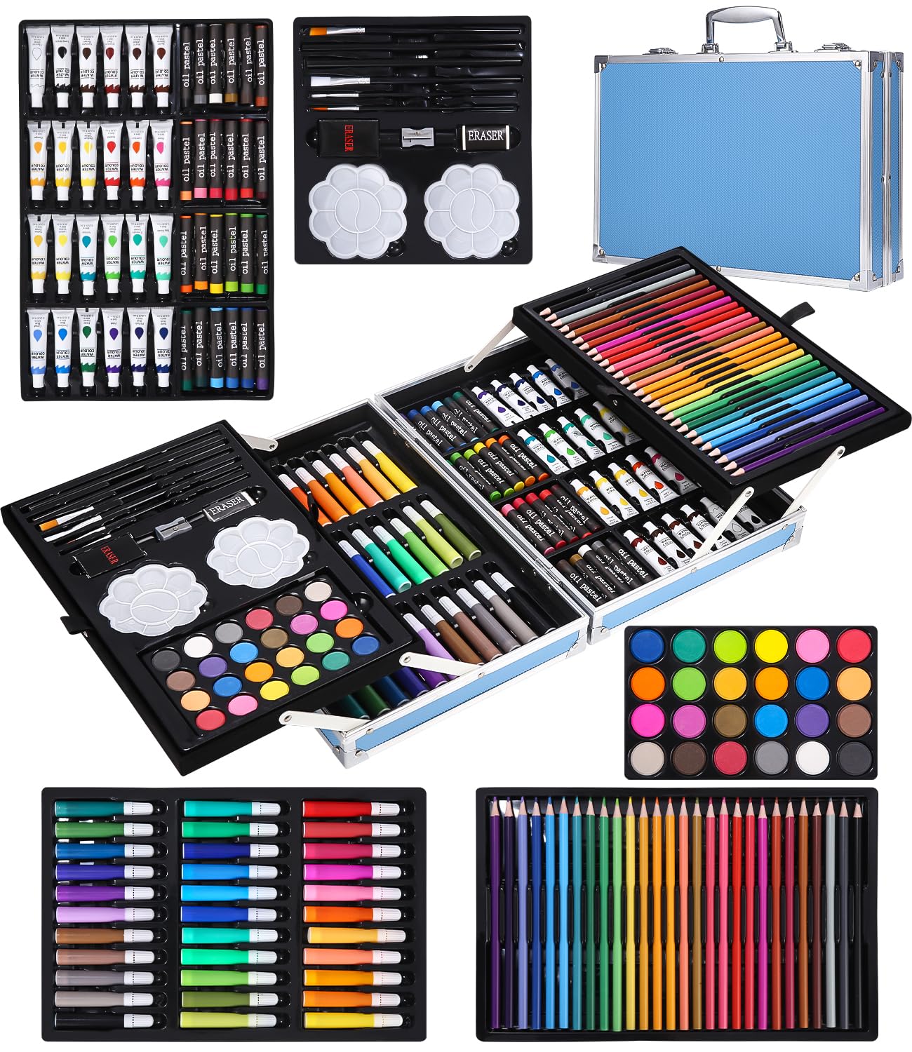 SOBEAU Maletin Pinturas para Niños, 144 piezas Estuche Pinturas, Pintura Acrílica, Lápices de Colores, Pasteles, Kit Pintura para Niños Adultos