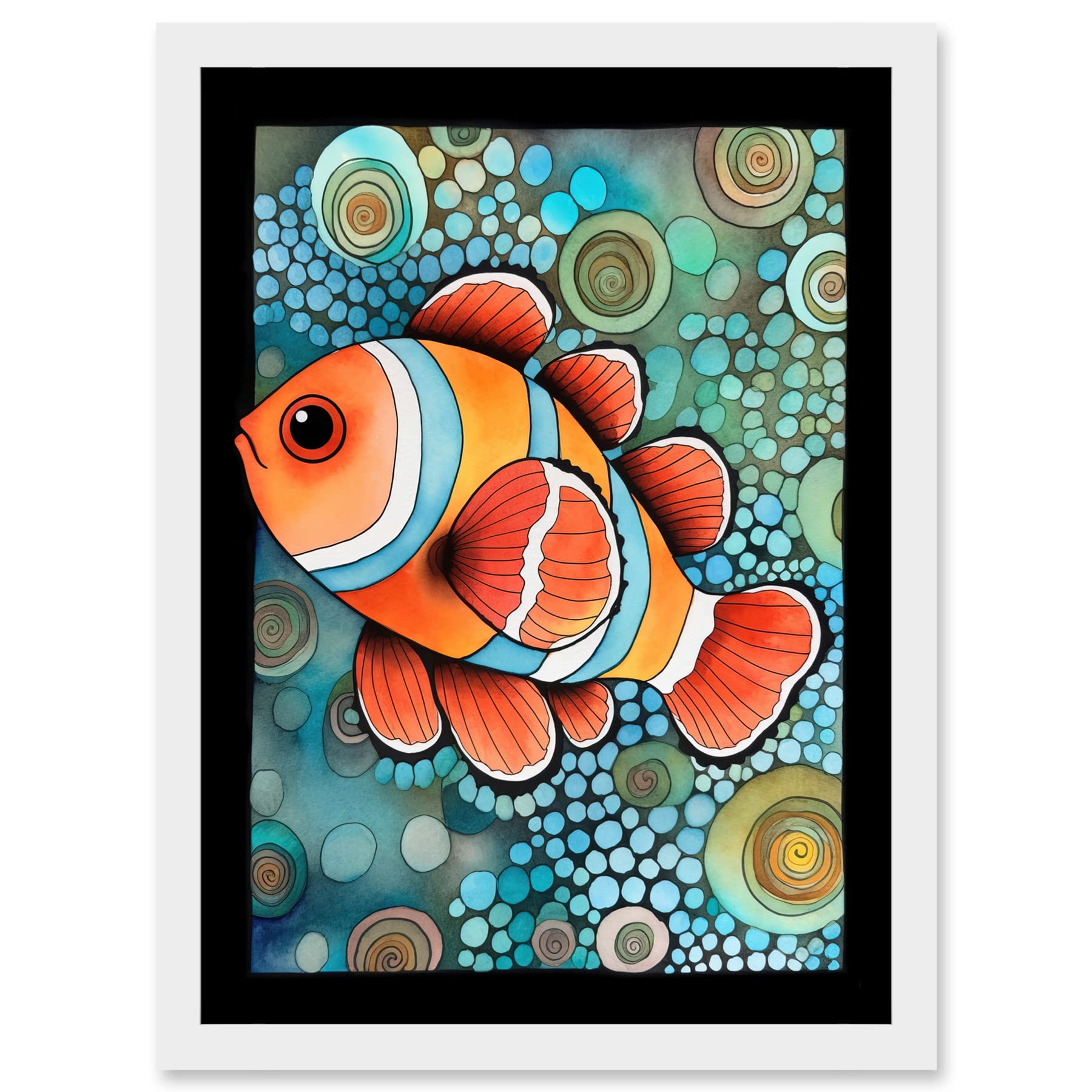 Artery8 Clownfish In Coral Patterns Folk Art Watercolour Painting Artwork Framed A3 Wall Art Print