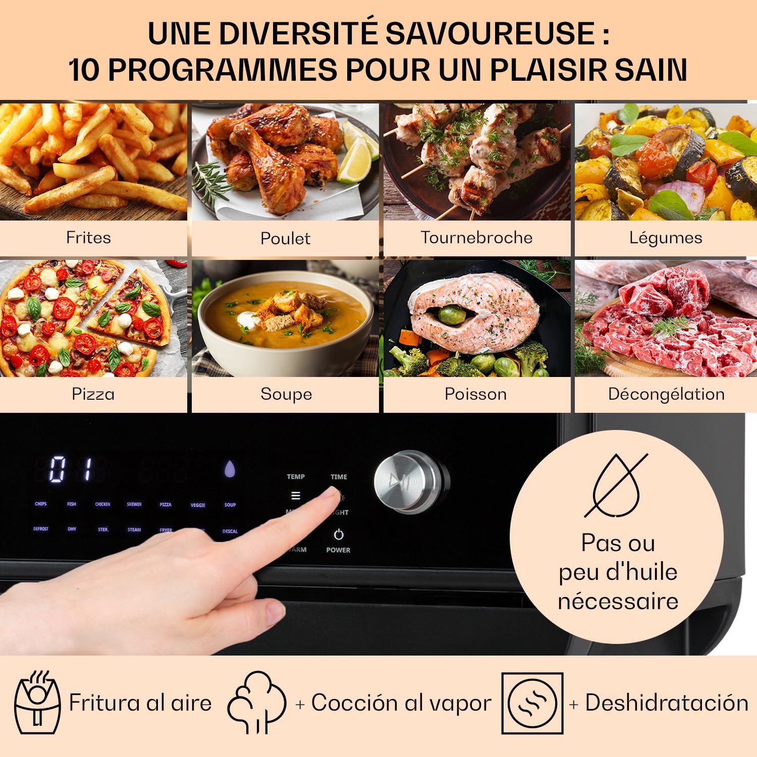 Klarstein Friteuse Sans Huile avec Fonction Maintien au Chaud, Friteuse Air Chaud Air Fryer XL 2450W, Mini Electrique Sans Huile, Airfryer 18L à Chauffage Rapide, Minuterie, 10 Programmes