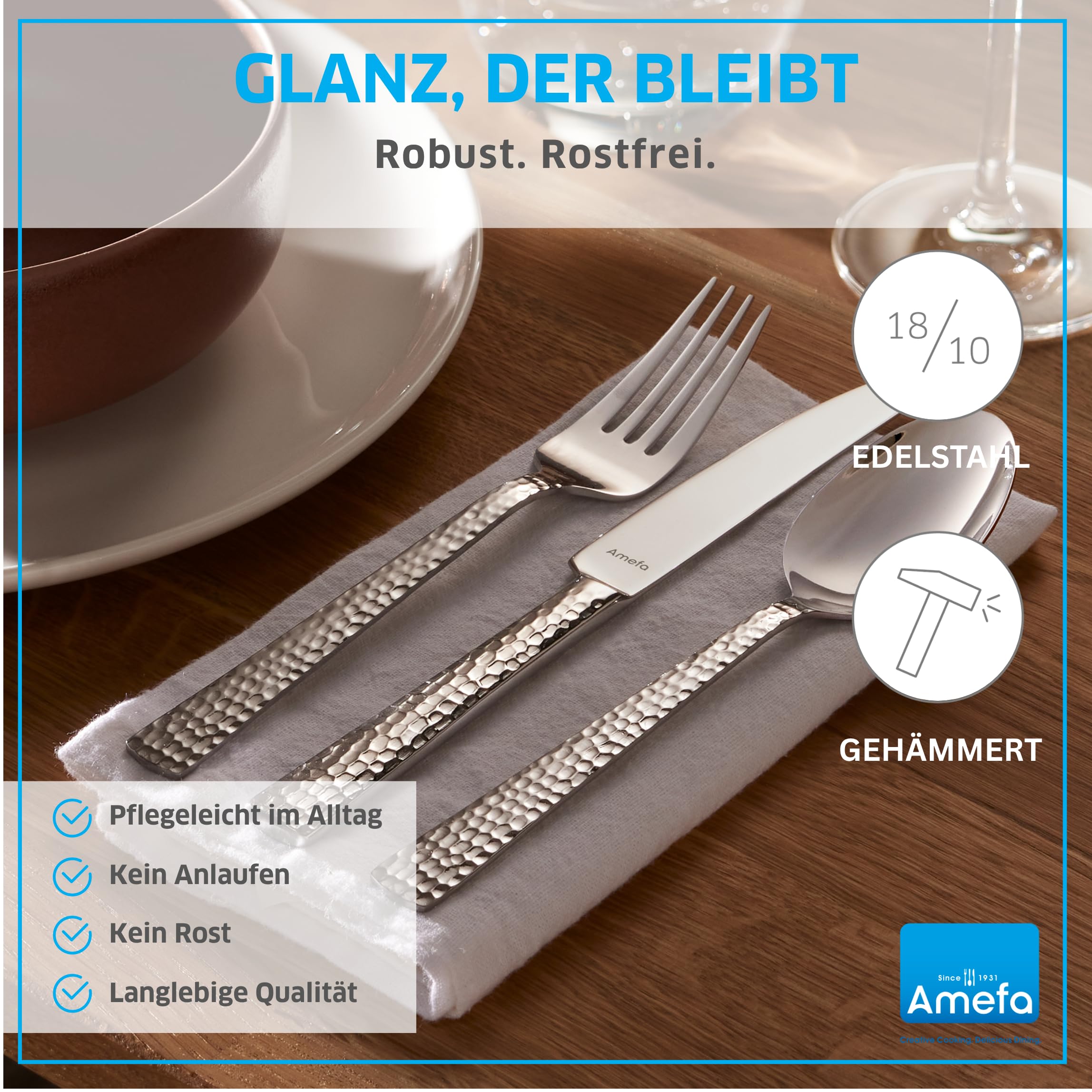 Amefa FELICITY Besteckset 30-teilig Edelstahl, Hochwertiges Besteck Set für 6 Personen, Gehämmert, Essbesteck im Hammerschlag-Design, Edelstahlbesteck