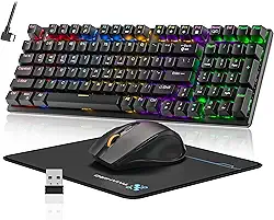 Teclado e mouse para jogos mecânicos sem fio, bateria recarregável de 2000 mAh com retroiluminação arco-íris, mouse para jogos de 3200 DPI com mouse pad, BT5.0/2.4G/USB-C, teclado anti-fantasma de 98