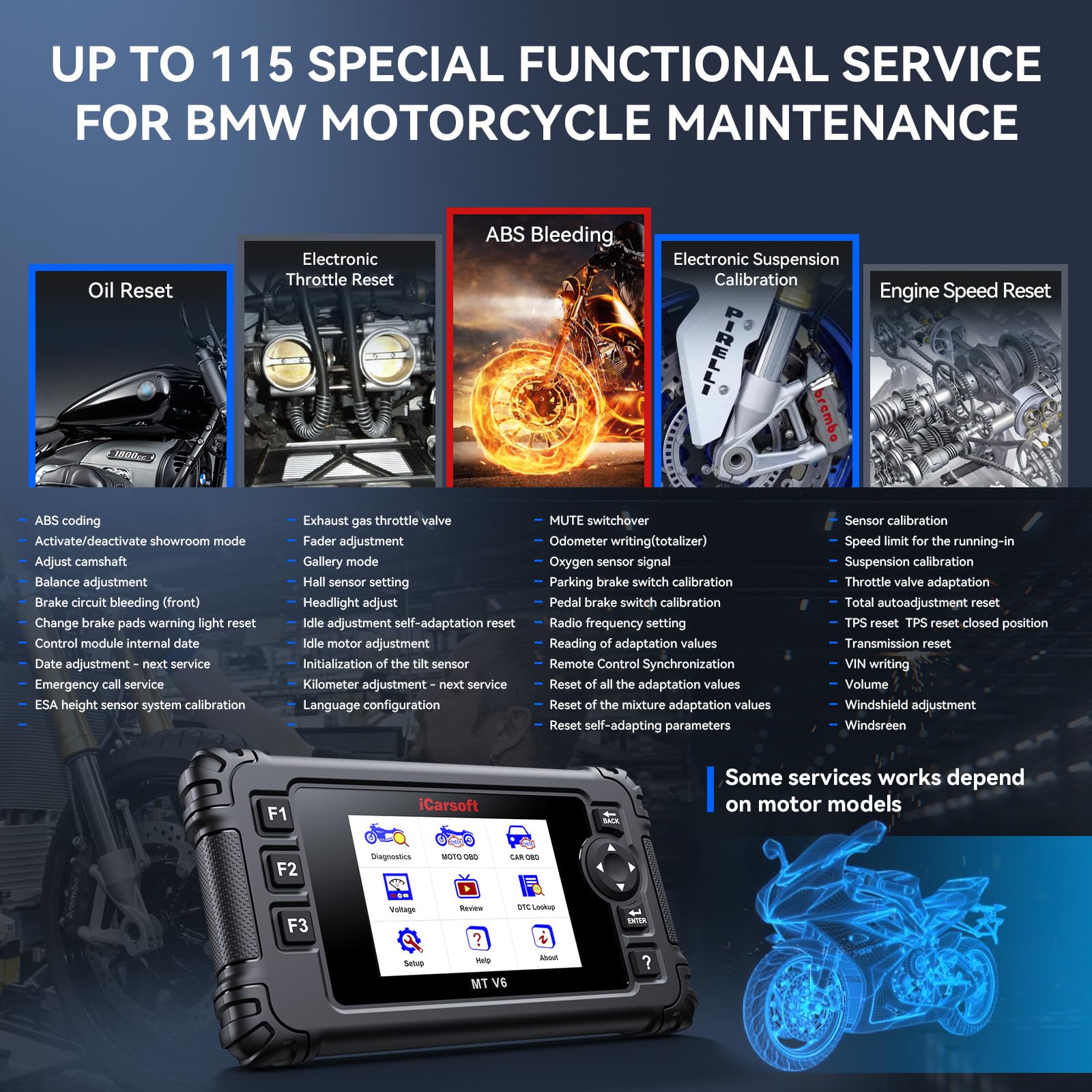 iCarsoft Strumento diagnostico per moto MT V6 per BMW Full System 115 Reset /197 Test di azionamento, lettore di codici scanner OBD2 per moto e auto con spurgo ABS, reset valvola a farfalla, test