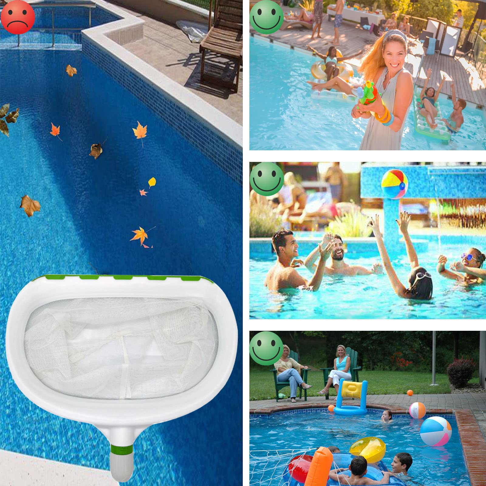 SRHIMEOS Professionale Retino Piscina, Pesante Carico Rete Profonda con Telaio in Alluminio, Robusto Maglie Fitta per Pulizia Foglie Pool Skimmer Rake Net