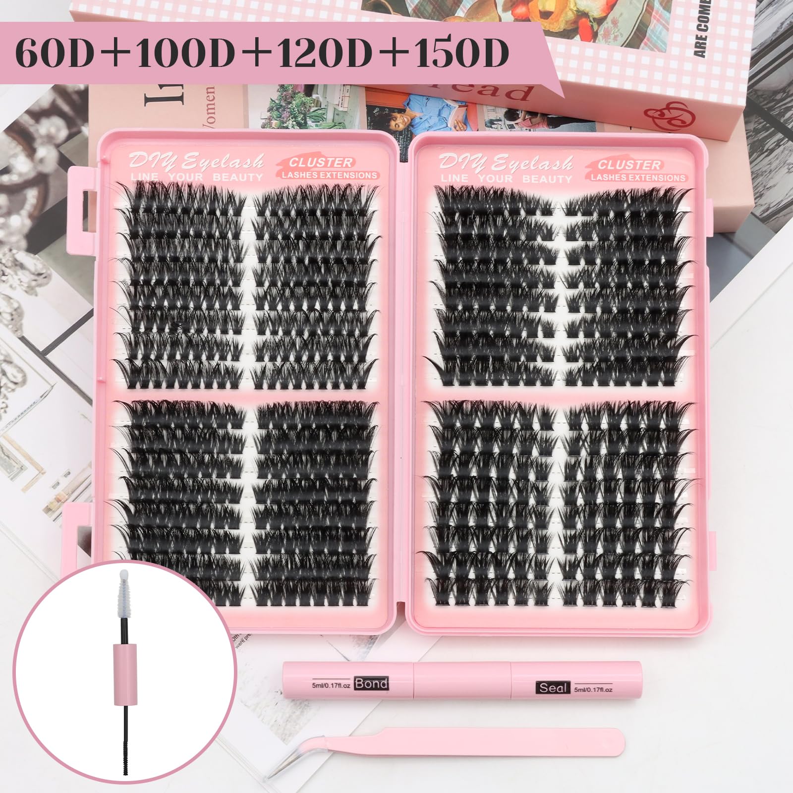 VEGCOO Ciglia Finte Ciuffetti 480 Pezzi, 60+100+120+150D Ciuffetti Ciglia Finte, Kit Extension Ciglia 10-16mm Volume Cluster Lashes con Accessori per Principianti ed Esperte