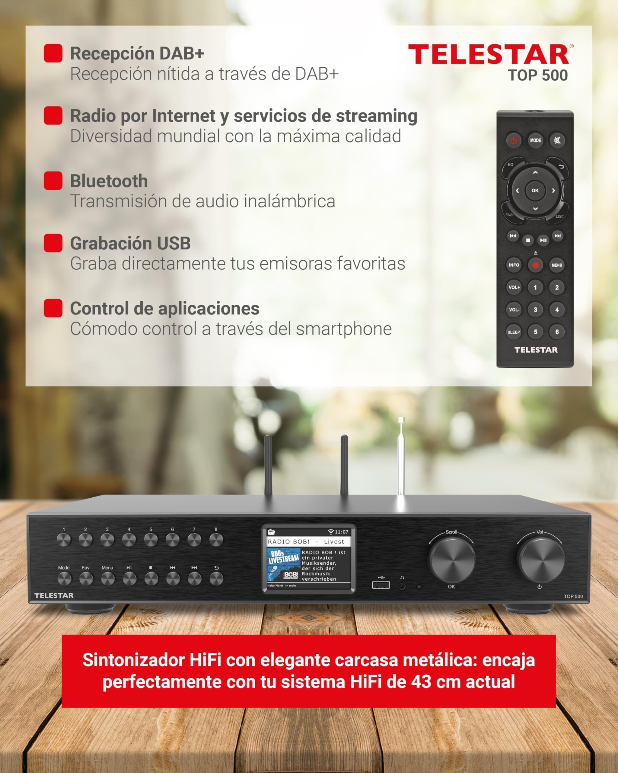 TELESTAR Top 500 – Sintonizador HiFi de 43 cm de Ancho – Negro | WiFi 2,4 & 5 GHz, radio por Internet/DAB+, streaming, Bluetooth audio RX/TX, modo hotel, grabación USB