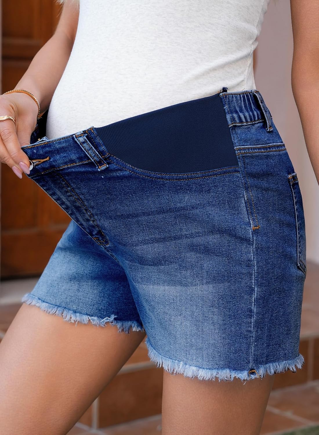 BLENCOT Maternity Jeans Shorts for Women Mid Waisted Frayed Hem Stretchy Denim Shorts Comfy Pregnancy Summer Clothes