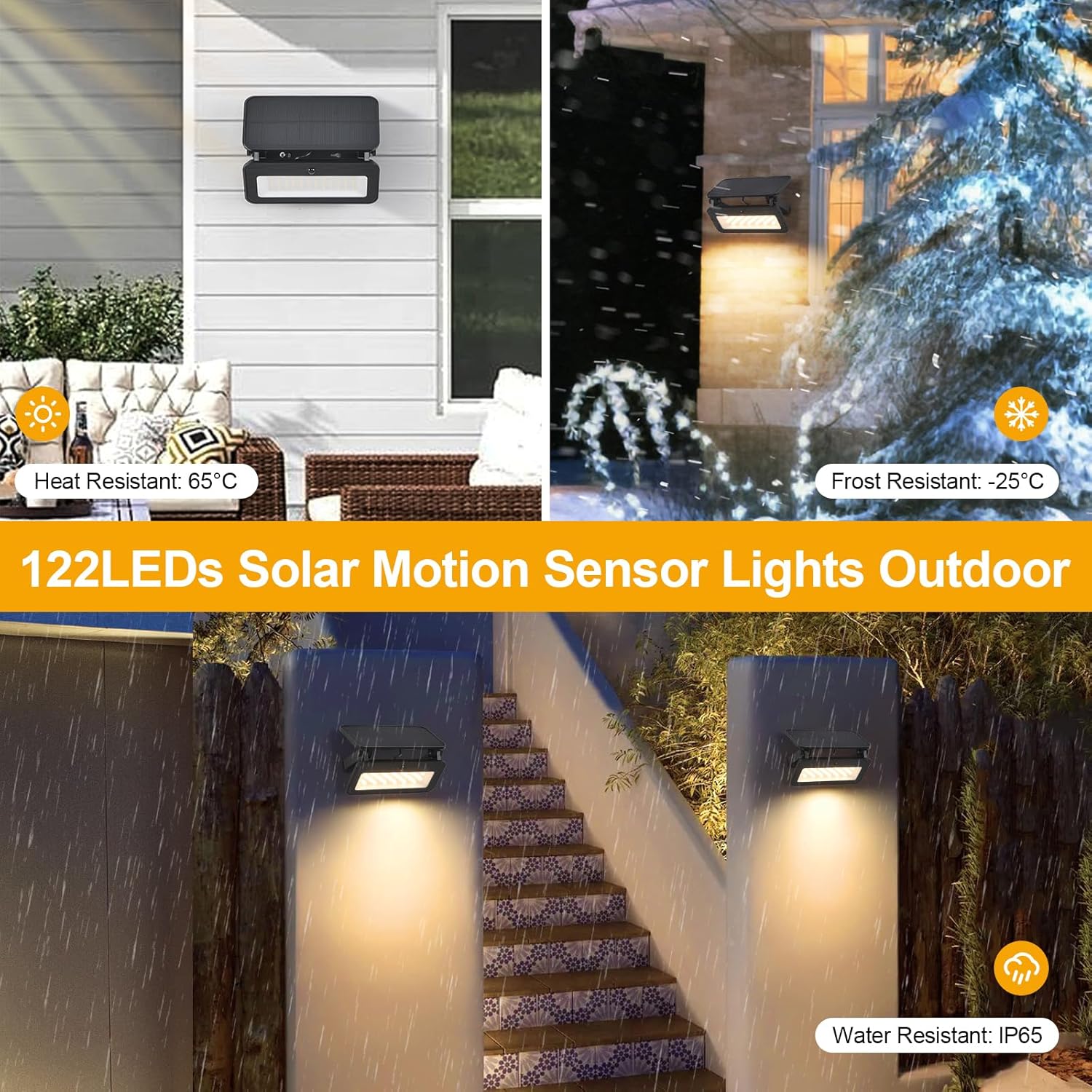 Solar Lights Outdoor Waterproof with Motion Sensor, Foldable LED Wall Spotlight Touch Control Adjustable Color Temperature Brightness 1200LM 8W Dusk to Dawn Floodlights for Garage Fence