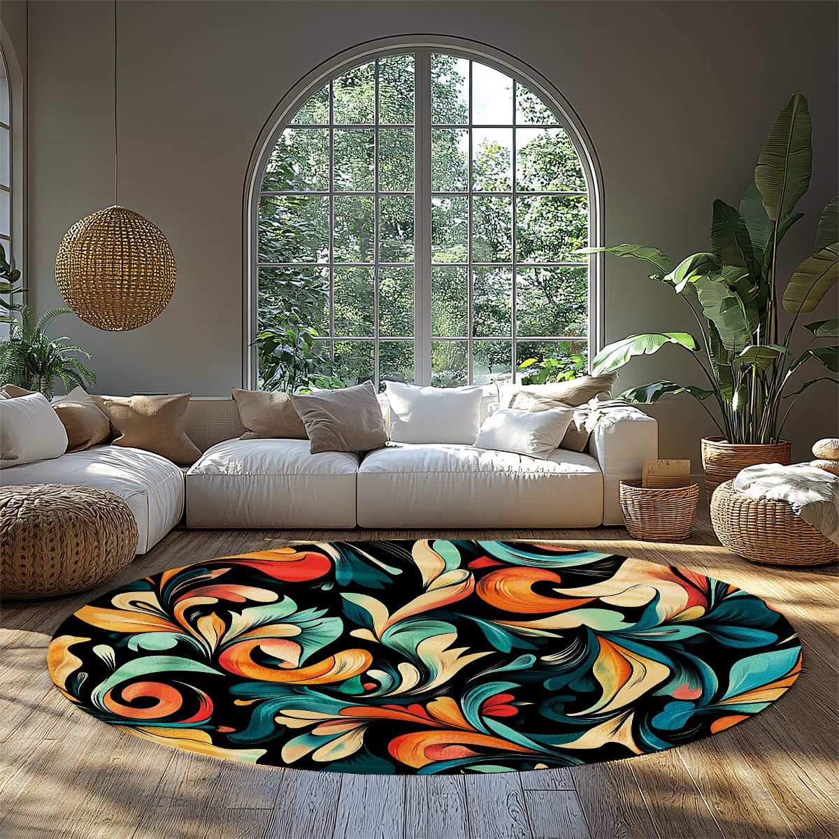 Tapis rond 180cm vintage style bohème lavable pour salon et chambre