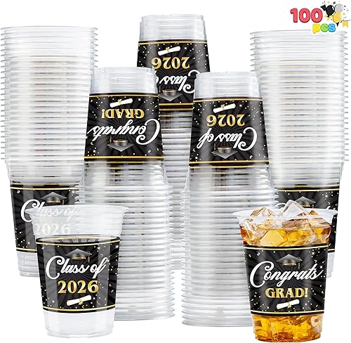 JOYIN 100 vasos de graduación de 16 onzas para fiestas, juego de vajilla desechable para graduados de clase 2026, taza de PET para escuela