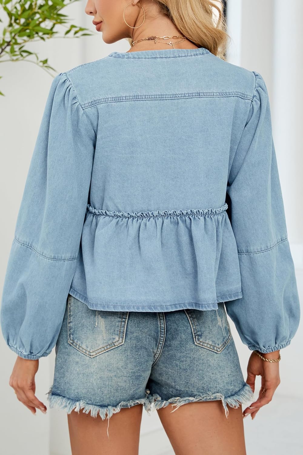 D-Sun Women Fall Peplum Babydoll Denim Shirt Tie Front Long Puff Sleeves Jean Blouse Y2K Cropped Bow Open Front Top - Image 4