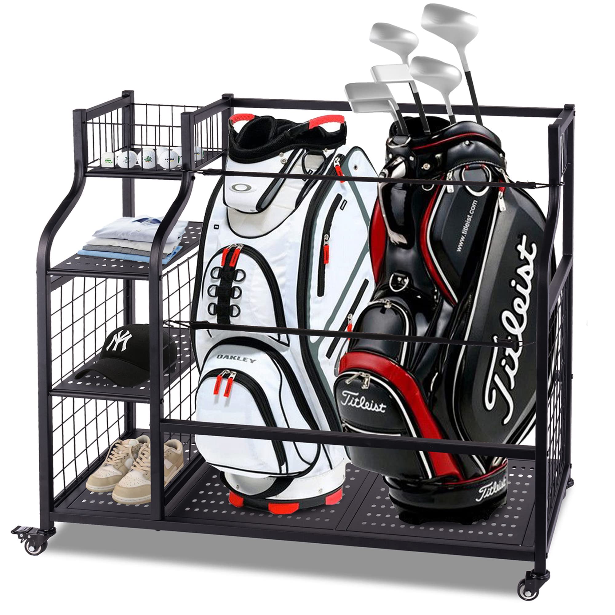 DHMAKERGolf Bag Storage Garage Organizer, Extra Large Size Golf Bag Storage Stand and Golf Equipment Rack Fits 2 Golf Bags and Golf Accessories, Golf Club Storage for Garage, Basement