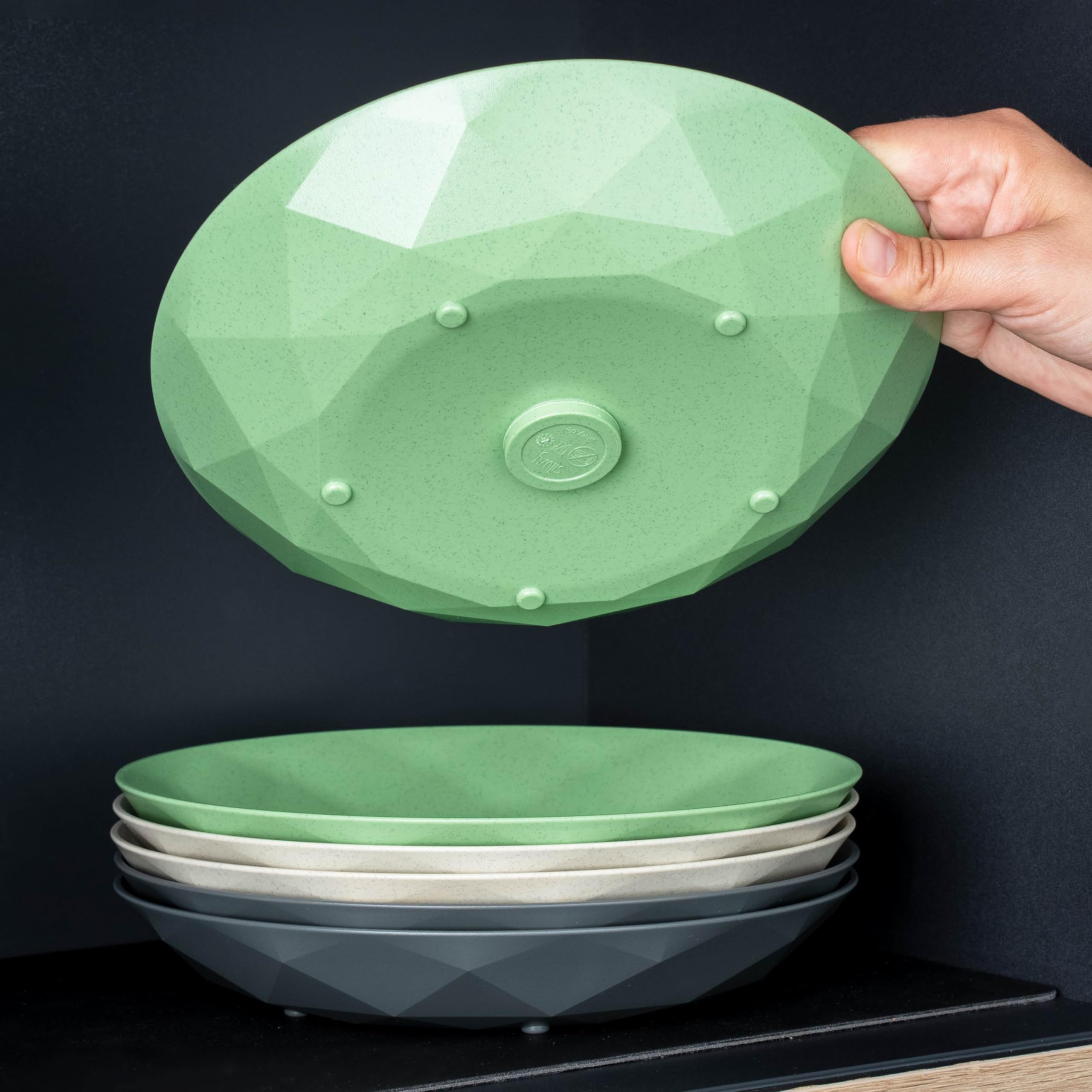 silwy® Lot de 2 assiettes aimantées universelles en plastique haute technologie Vert – Idéal pour le camping, le caravaning et le bateau – Vaisselle antidérapante empilable sans cliquetis