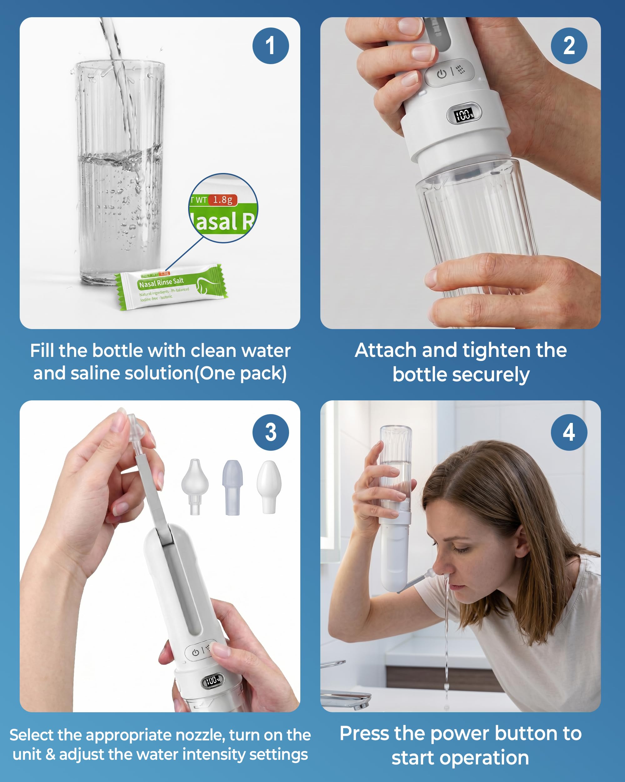 Neti Pot Sinus Rinse Bottle, Nose Cleaner,Nasal Irrigation System with 3 Pressure Modes, LED Display, 180° Adjustable,1600mAh, Sinus Relief, Nasal Care for Adult & Kids (190ML) (White) — Amazon image 3