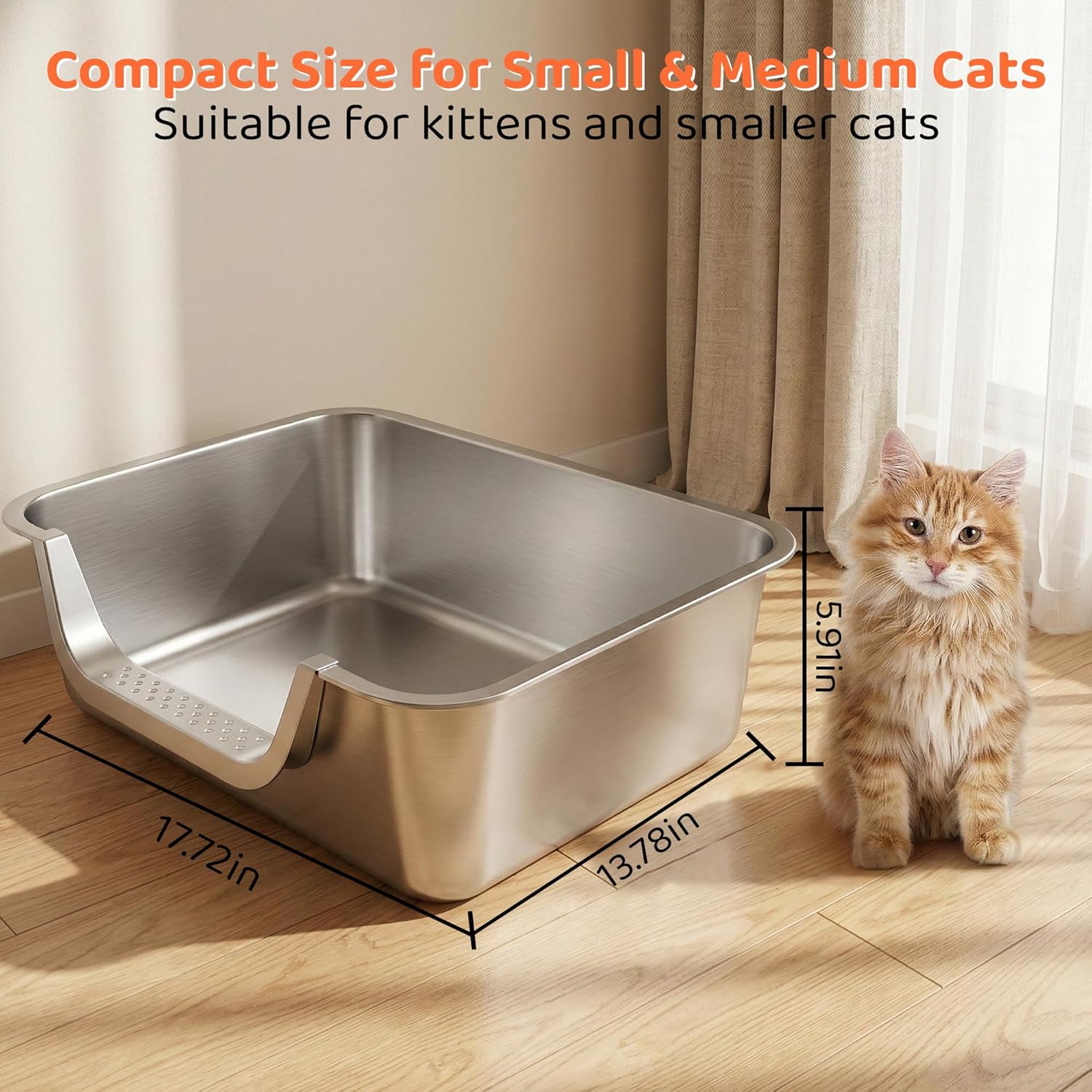 Stainless Steel Litter Box with Low Entry - 17.7" x 13.8" Open Top Kitty Litter Pan, Non-Slip Step for Kittens, Senior Cats and Small Pets, Easy to Clean & Durable