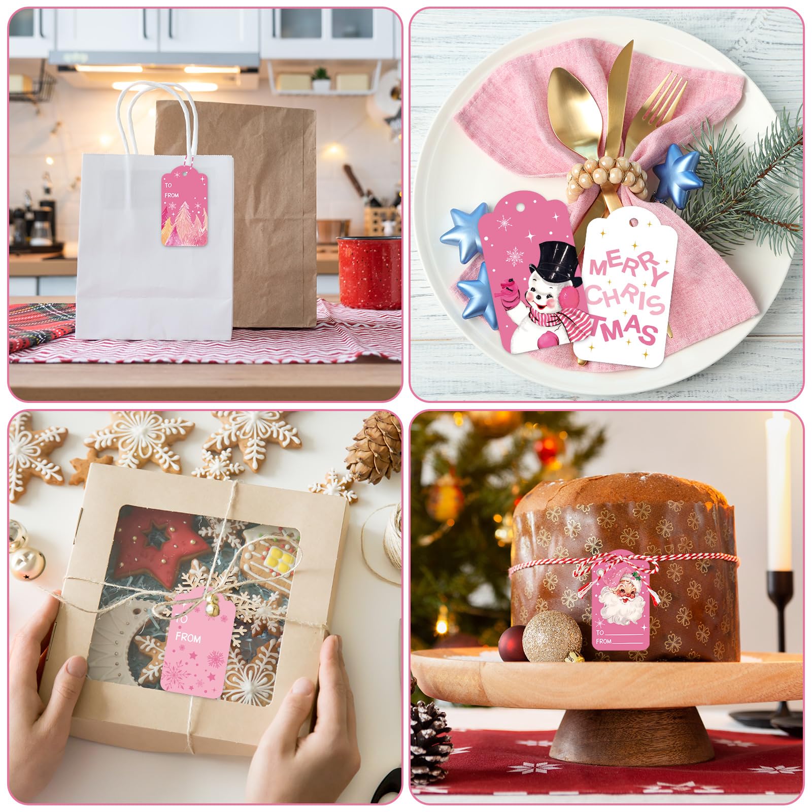 Whaline Weihnachtspapier-Geschenkanhänger, Rosa, Weihnachtsmann, Schneemann, mit Baumwollseil, für Winterurlaub, Namen, Geschenk, Basteln, 10 Designs, 120 Stück