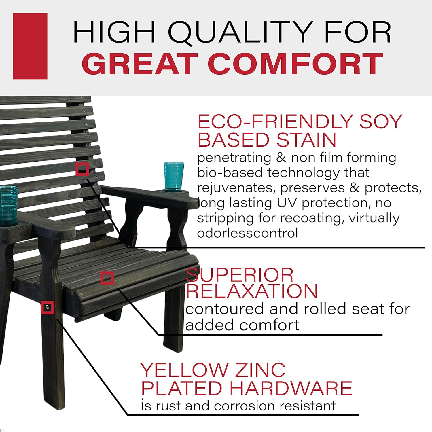 Amish Casual Heavy Duty 600 Lb Roll Back High Back Treated Patio Chair with Cupholders (Semi-Solid Black Stain)