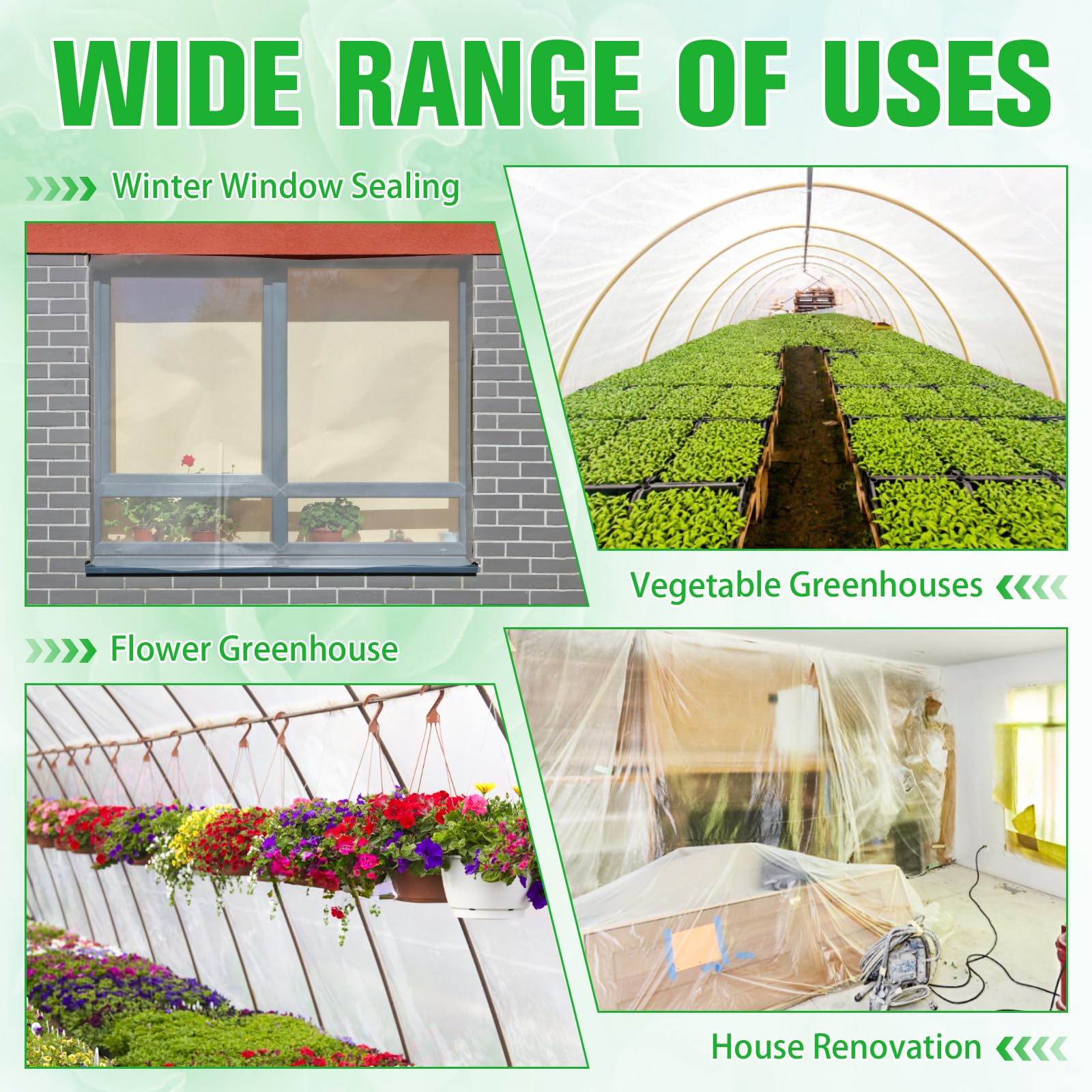 Vevitts Película de plástico para invernadero, lámina de plástico de invernadero de 6 mm de grosor, película de polietileno transparente resistente a los rayos UV para jardinería, agricultura,