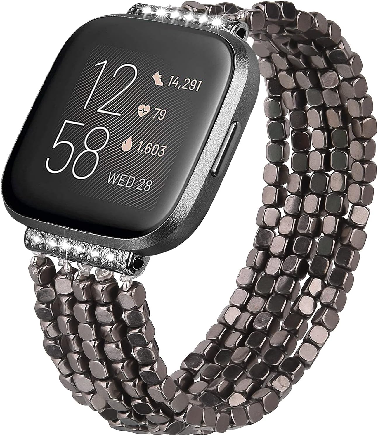 MOFREE Beaded Bracelet Compatible for Fitbit Versa 2/Versa/Versa Lite/Versa SE Band Women Men Fashion Handmade Elastic Stretch Strap for Versa 2/Versa/Versa Lite/Versa SE Bands Replacement Black