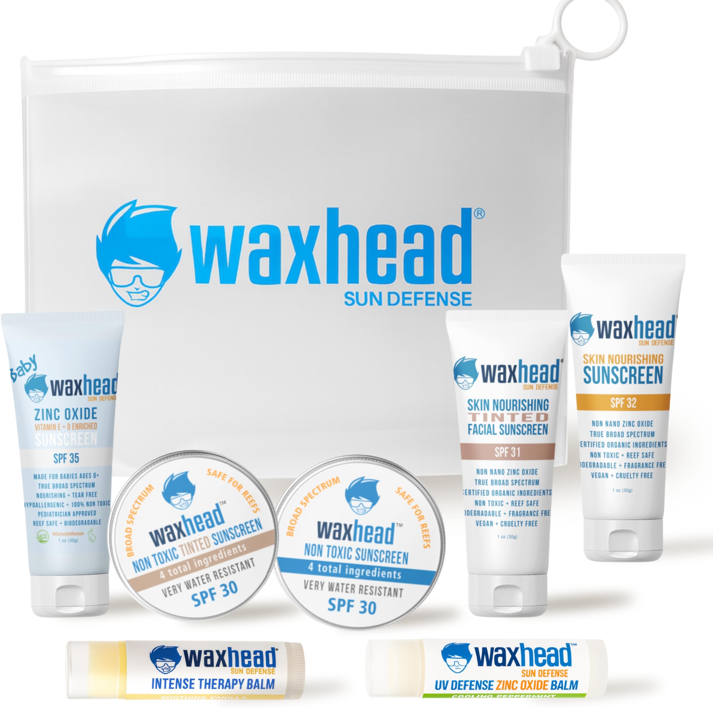 Waxhead Travel Size Sunscreen Sampler Box - Non-Nano Zinc Oxide, Coral Reef Safe, Biodegradable Sunblock SPF 30. Lip Balms, Solid Mini Paste Tins (.5oz) Tinted, Baby + Everyday (1oz) in Travel Bag