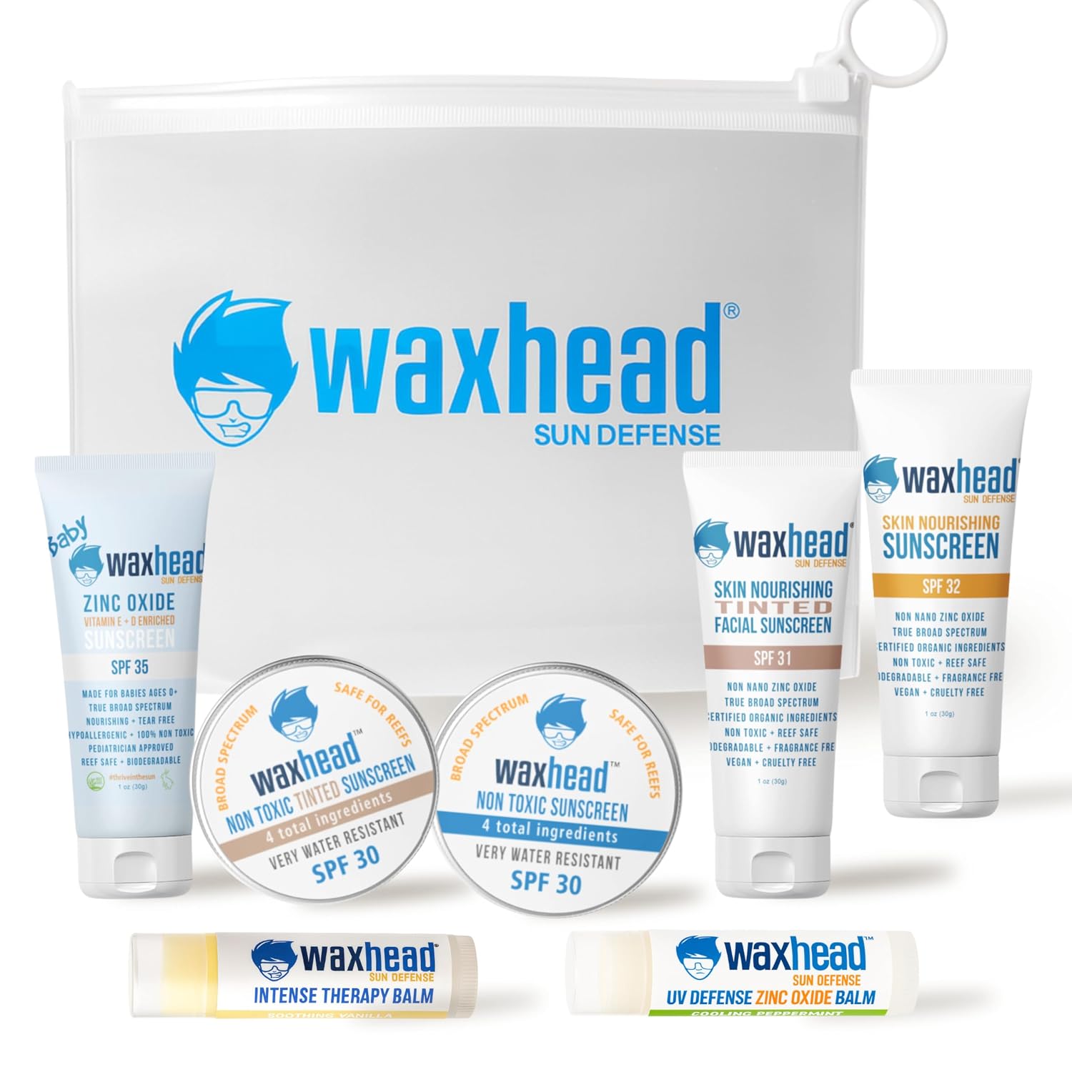 Waxhead Sun Defense Foods Waxhead Travel Size Sunscreen Sampler Box - Non-Nano Zinc Oxide, Coral Reef Safe, Biodegradable Sunblock SPF 30. Lip Balms, Solid Mini Paste Tins (.5oz) Tinted, Baby + Everyday (1oz) in Travel Bag