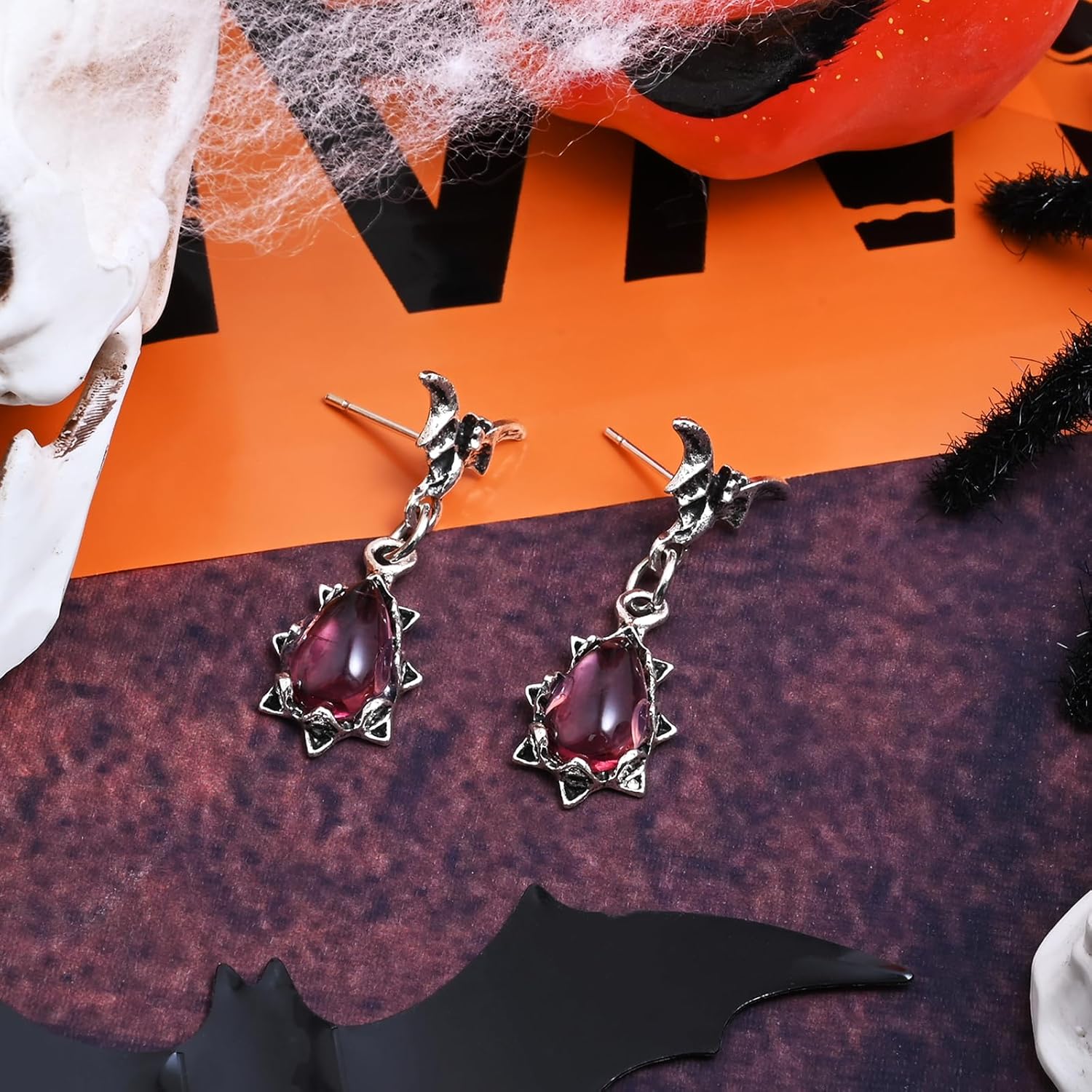 Silver Bat Drop Dangle Earrings with Pink Crystal Hypoallergenic Animal Earrings for Women Bat Jewelry Halloween Earrings for Gift - Image 6