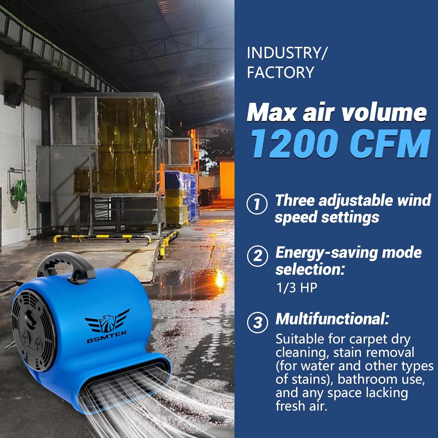 Air Mover Blower Fan, Industrial 1/3HP 1200CFM Monster Floor Blower Carpet Dryers - 3 Speeds Switch, 4 Adjustable Angles, 10FT Long Cord, Stackable - 2025 Upgraded