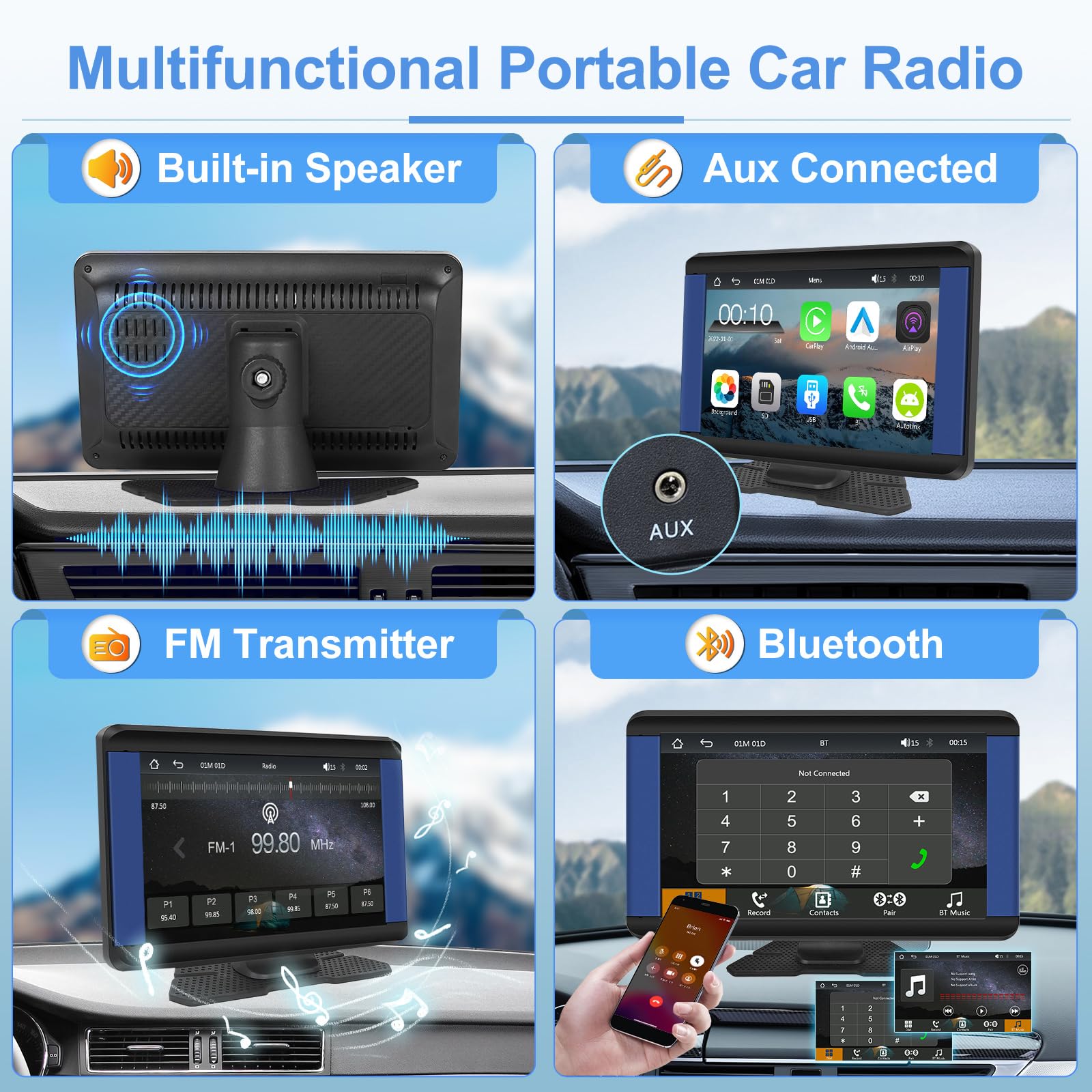 Podofo Wireless Carplay e Android Auto Autoradio Portatile 7" HD Touchscreen Autoradio con Bluetooth, Trasmissione FM, Airplay, Mirror Link & Telecamera per La Retromarcia