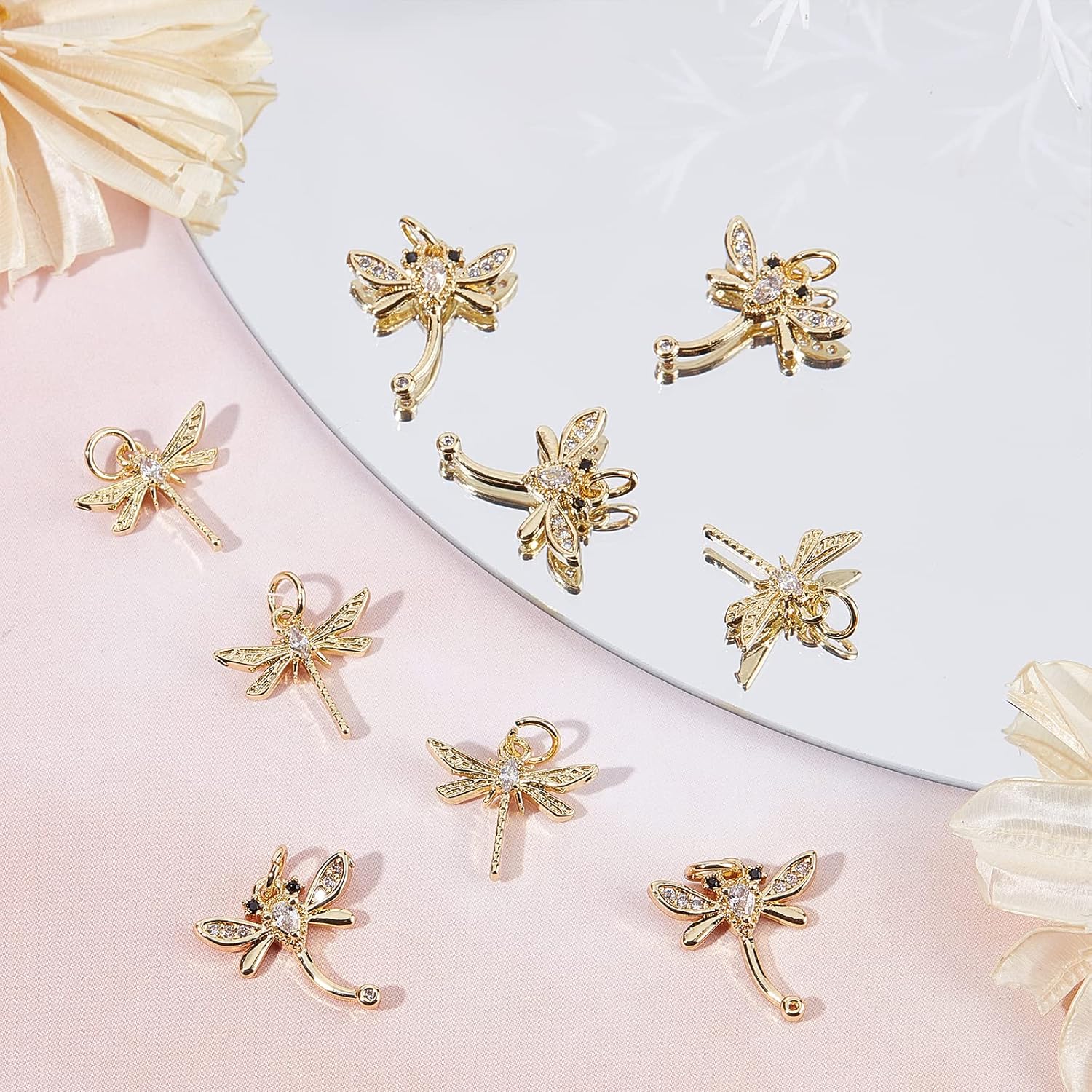 Beebeecraft 12Pcs/Box 2 Style Dragonfly Charms 18K Gold Plated Brass Flying Animal Charms with Clear Cubic Zirconia Insect Animal Pendants for Spring Summer Bracelets Necklace - Image 4
