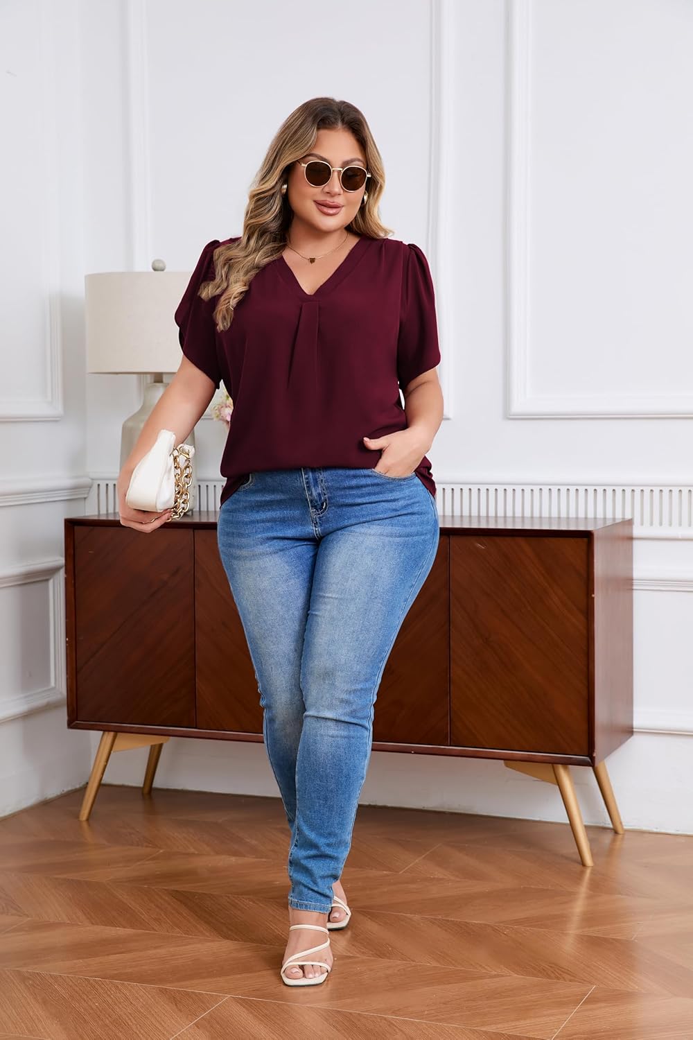 Women's Plus Size Casual Blouses Solid Business Work Tops Petal Short Sleeve V Neck Loose Fit T Shirt Summer Trendy 2026 - Image 4