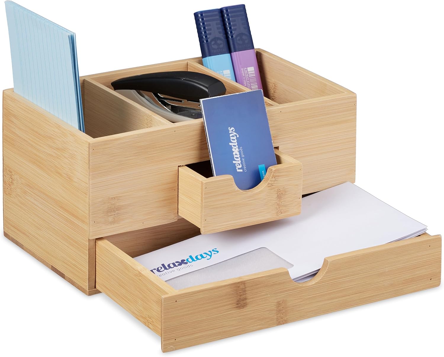 Relaxdays Bamboo Desk Organiser, 2 Drawers, 3 Compartments, H x W x D: 12 x 24 x 14.5 cm, Office Organiser, Natural
