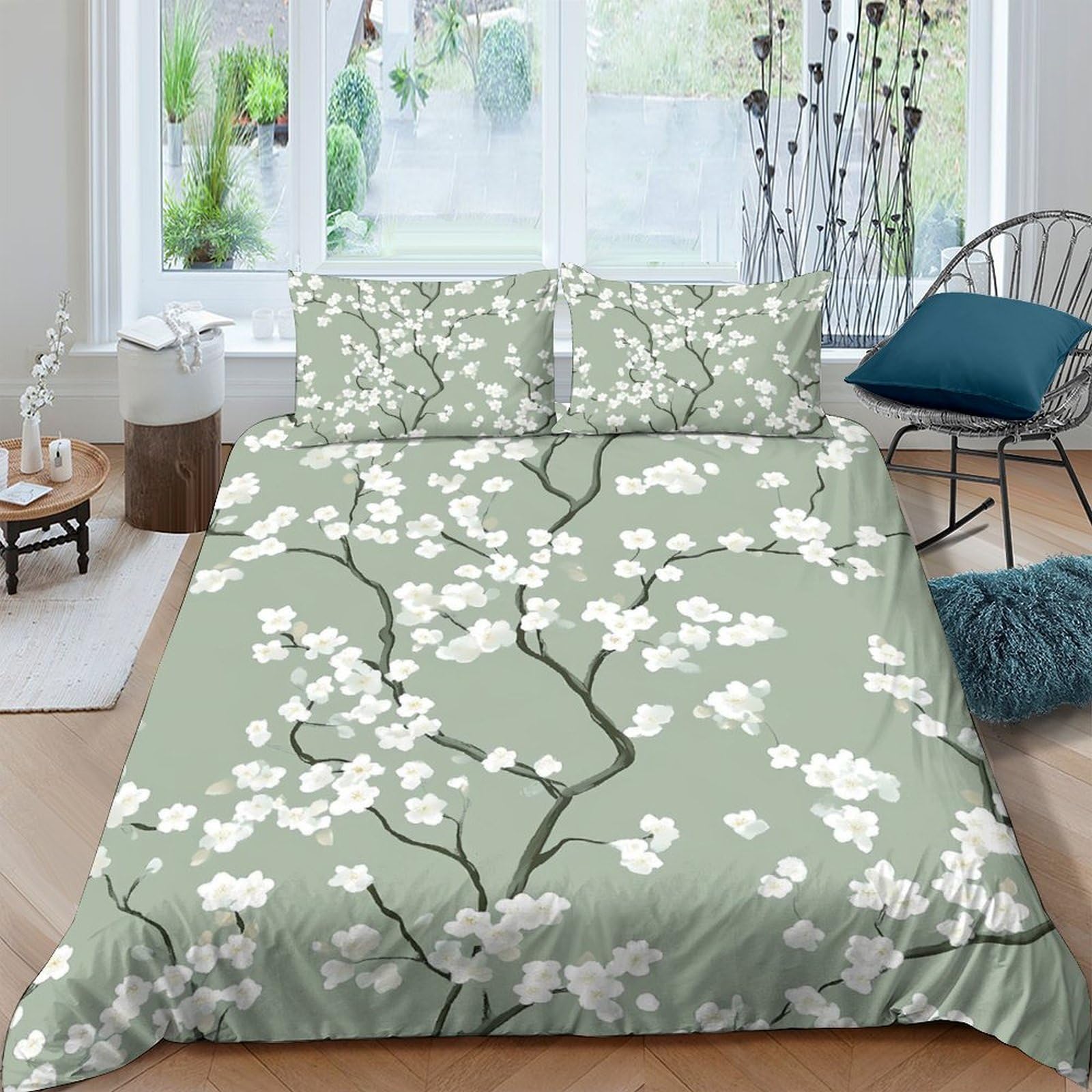 GPLZQXKJNH 3D Printed Green Sakura Duvet Cover Microfiber Soft Breathable Plum Blossom Bedding Set with 2 Pillowcases for Bedroom Decor Single（135x200cm）