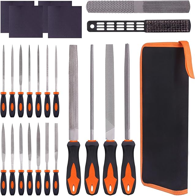 Keadic 24 Pcs Carbon Steel Hand Metal File & Needle File Tool Set with Sanding Paper, 4 Ways Wood Rasp File and Wire Brush, Precision Flat/Triangle/Half-round/Round Large File for Shaping Metal, Wood