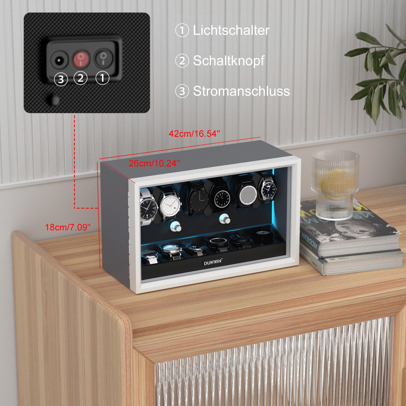 XTELARY Abschließbarer Uhrenbeweger für 4/6/8/12 Automatikuhren, Automatikbeweger mit 4 Rotationsmodi,Extra Uhrenfächern, Flexible Uhrenkissen, Leiser Mabuchi Motor und Blaue Hintergrundbeleuchtung