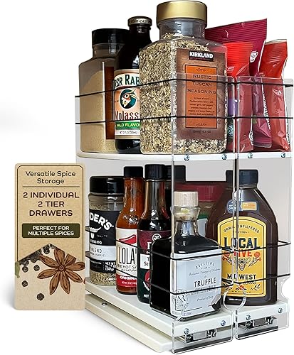 Vertical Spice - Organizador de especias deslizante grande extraíble - 2 cajones individuales de 2 niveles - Soporte de condimentos con ruedas de