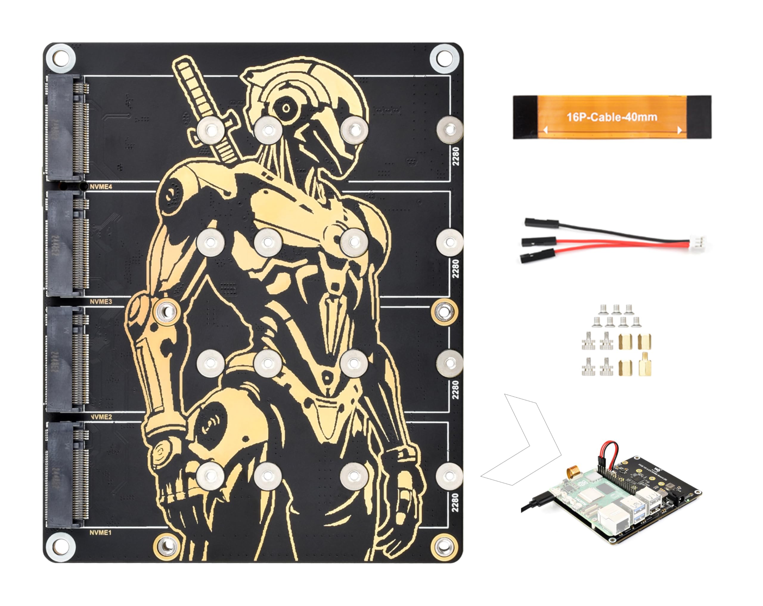 PCIe to 4-CH M.2 M Key Adapter Board Compatible with Raspberry Pi 5, Support 4-CH NVMe Solid State Drives-2280/2260/2242/2230, Allow Powering Pi 5, Onboard LED Indicators, High-Speed Reading/Writing