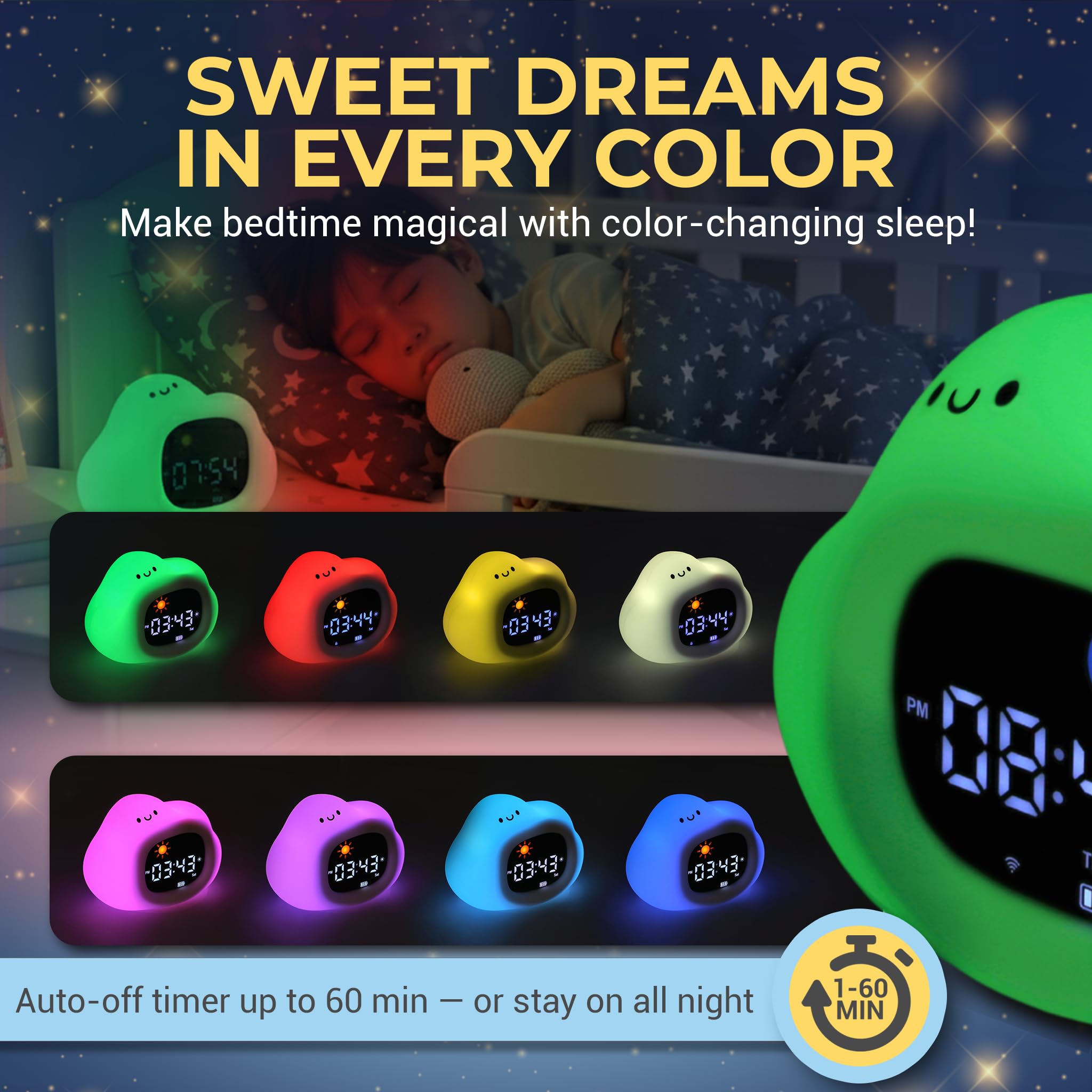 Bumble & Bright Wecker für Kinder mit App-Steuerung, niedlicher USB-C-Kabel für Kinder und Kleinkinder, mit 8 Nachtlicht-Farben und 6 beruhigenden Geräuschen (Hase) (Wolke)