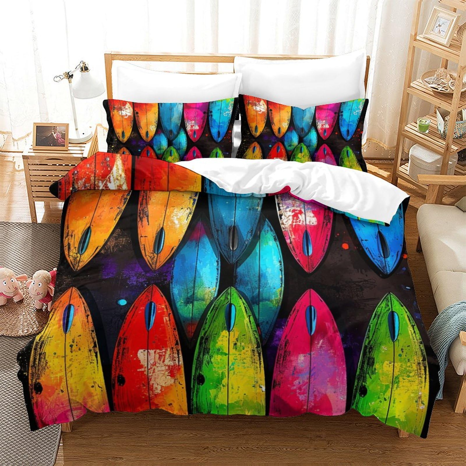 P1S9U7W5Y Vibrant Surfboards 3D Printed Duvet Cover Set 3 Pieces Microfiber Bedding Set for Bedroom Decor Adults Teens Double（200x200cm）