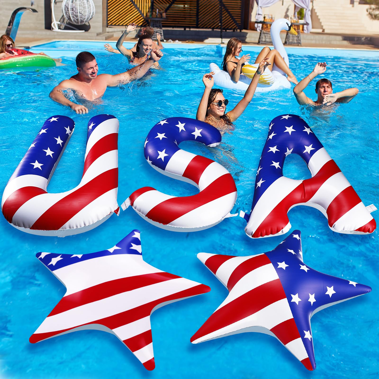 Photo 1 of JellyArch 5 Pcs 20'' Patriotic Inflatable Pool Floats Red White and Blue USA Letter & Star Decorations 4th of July Pool Toys for Adults 250th Anniversary Memorial Day Independence Day Summer Party