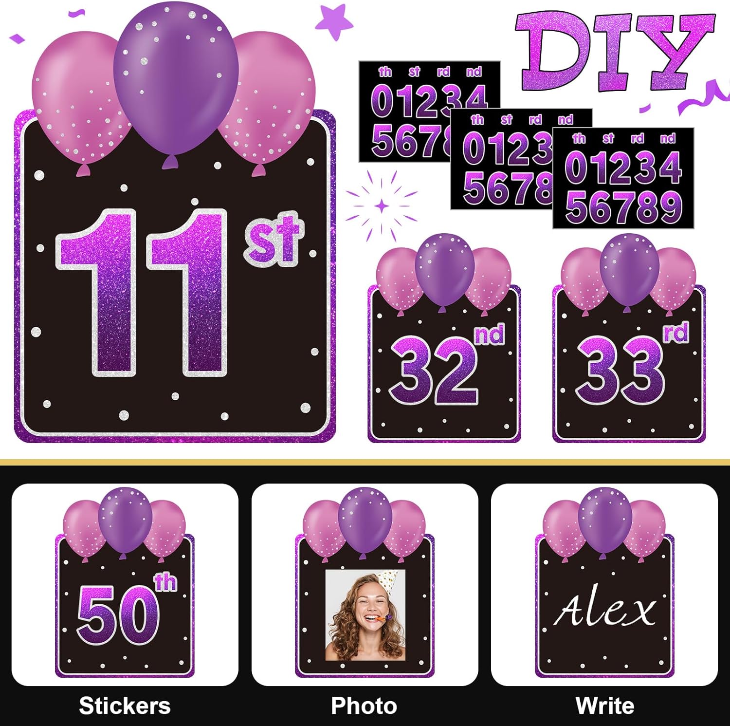 Yerliker 16 Pcs Happy Birthday Yard Signs with Stakes, 32.8 ft LED Lights, 42 Pcs Number Stickers, 14 Inch Birthday Letters Signs for Birthday Party Supplies Yard Lawn Outdoor Decoration (Purple)