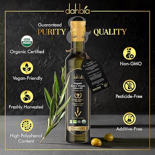 Miniatura 4 de Dahbia Aceite de oliva virgen extra orgánico ultra premium, galardonado, aceite de oliva mediterráneo extraído en frío, baja acidez, alto contenido