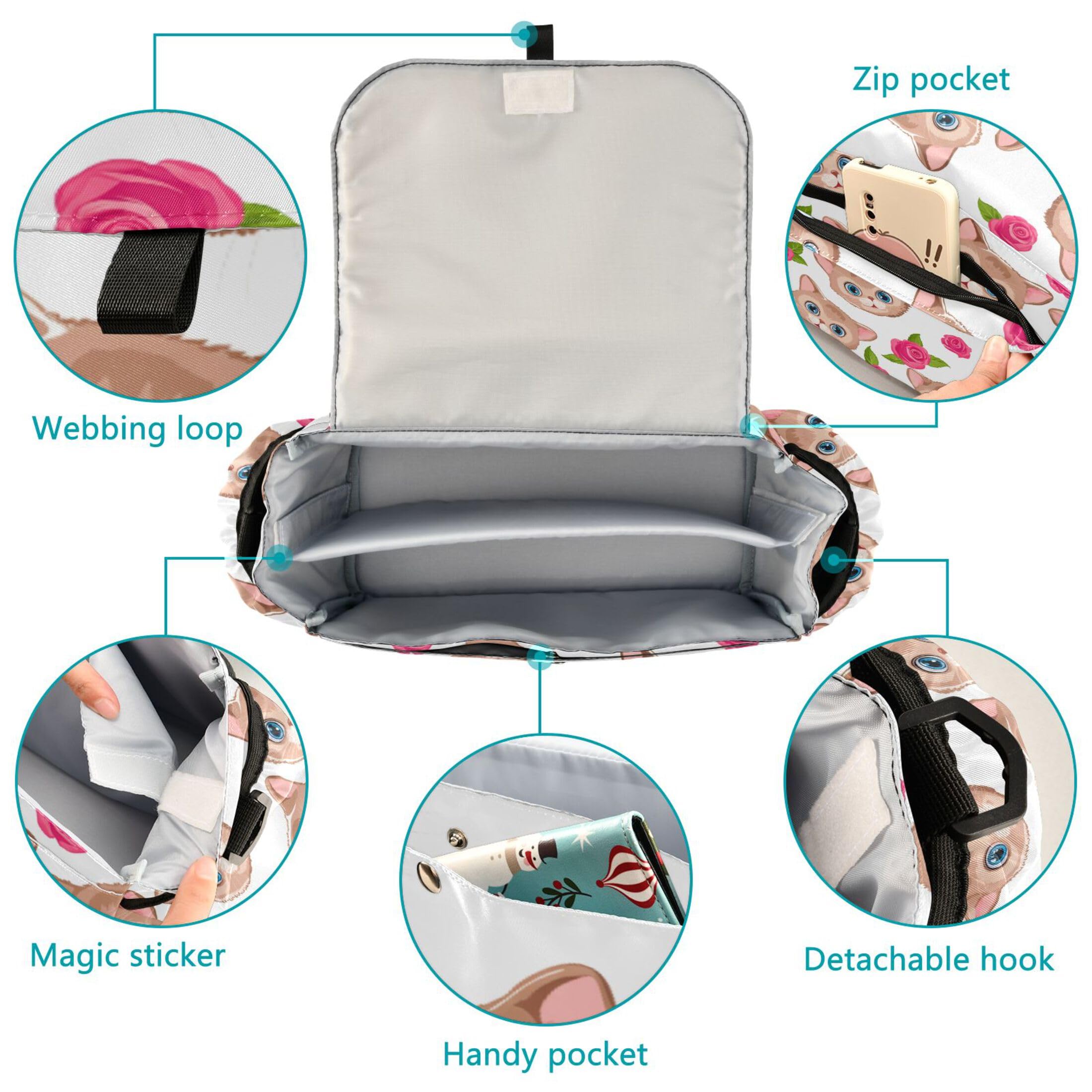 Burbuja Cats Roses Stroller Organizer with Insulated Cup Holders, Non-Slip Stroller Caddy Universal Fits Most Strollers, Nursery Accessories