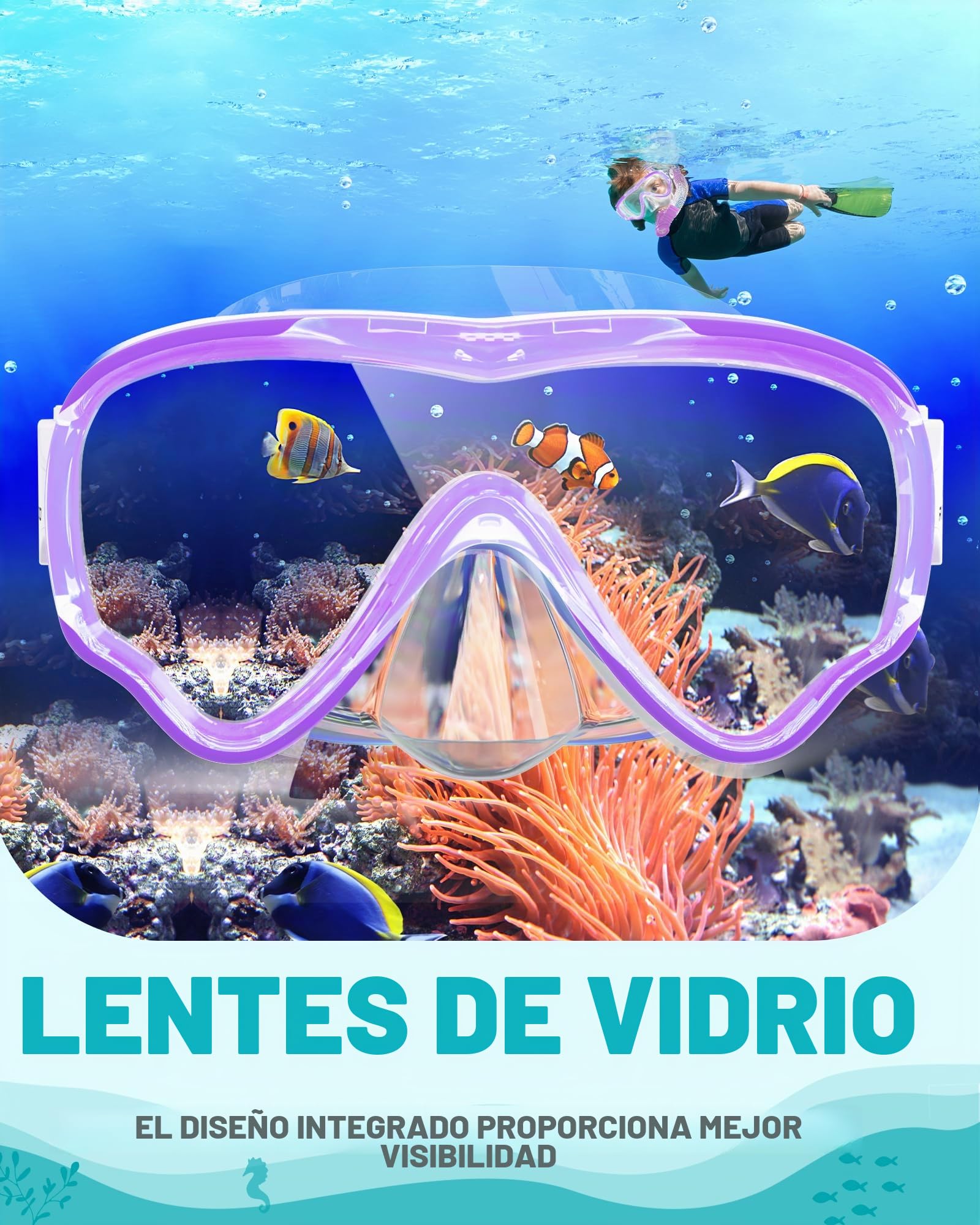 Gafas de Buceo para Niños, Gafas de Natación Antiniebla y a Prueba de Fugas, Máscaras de Buceo Nasal Panorámicas de Alta Definición de 180 °, Adecuado para 4-14 niños y niñas