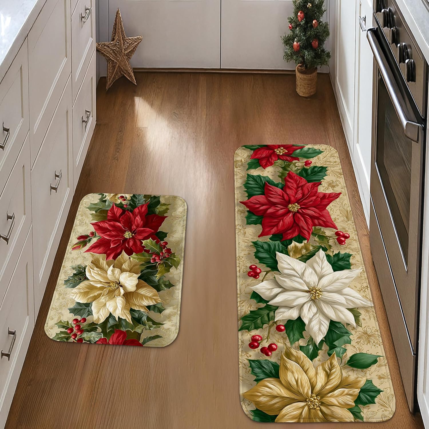Poinsettia Kitchen Mats for Floor, Vintage Floral Soft Mats, Cushioned Comfort Washable Non Slip Decor Rugs for Kitchen Sinks Laundryroom Bathroom 2pcs