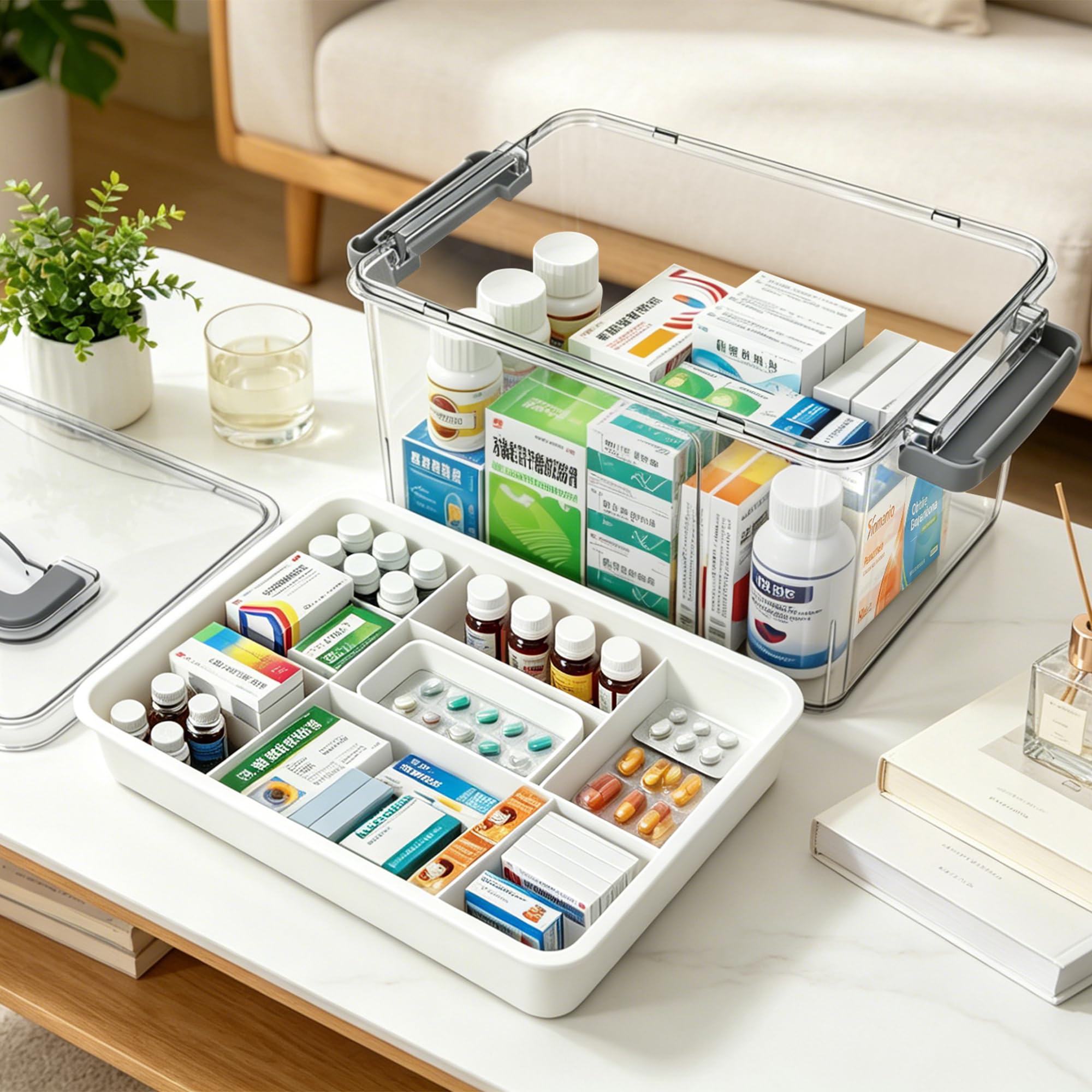 LYLIDIA Medikamentenbox Leer Medikamenten Aufbewahrung Box, 2 Ebenen groß Medizinbox, Hausapotheke Arzneimittel Medicine Organizer Box Medikamentenkoffer für Haushalt & Reisen 28 * 18 * 15 cm