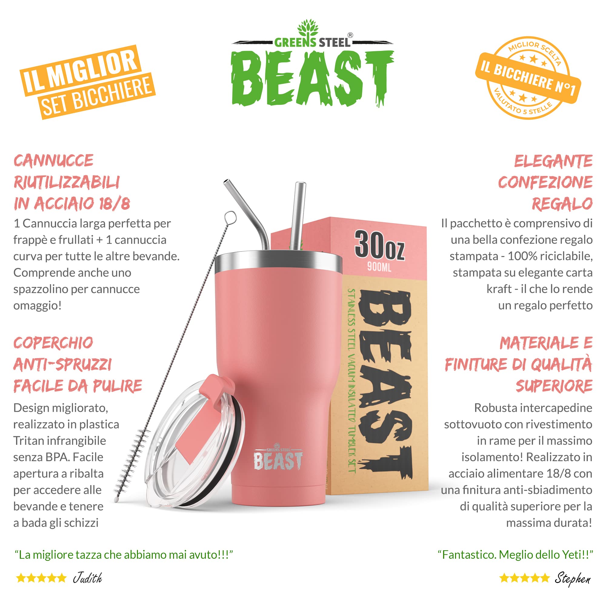 Beast Tumbler – 900 ml (30 oz), Fiori Di Pesco | Bicchiere termico in acciaio inox riutilizzabile con isolamento sottovuoto | con 2 cannucce e spazzola per la pulizia | Tazza a doppia parete