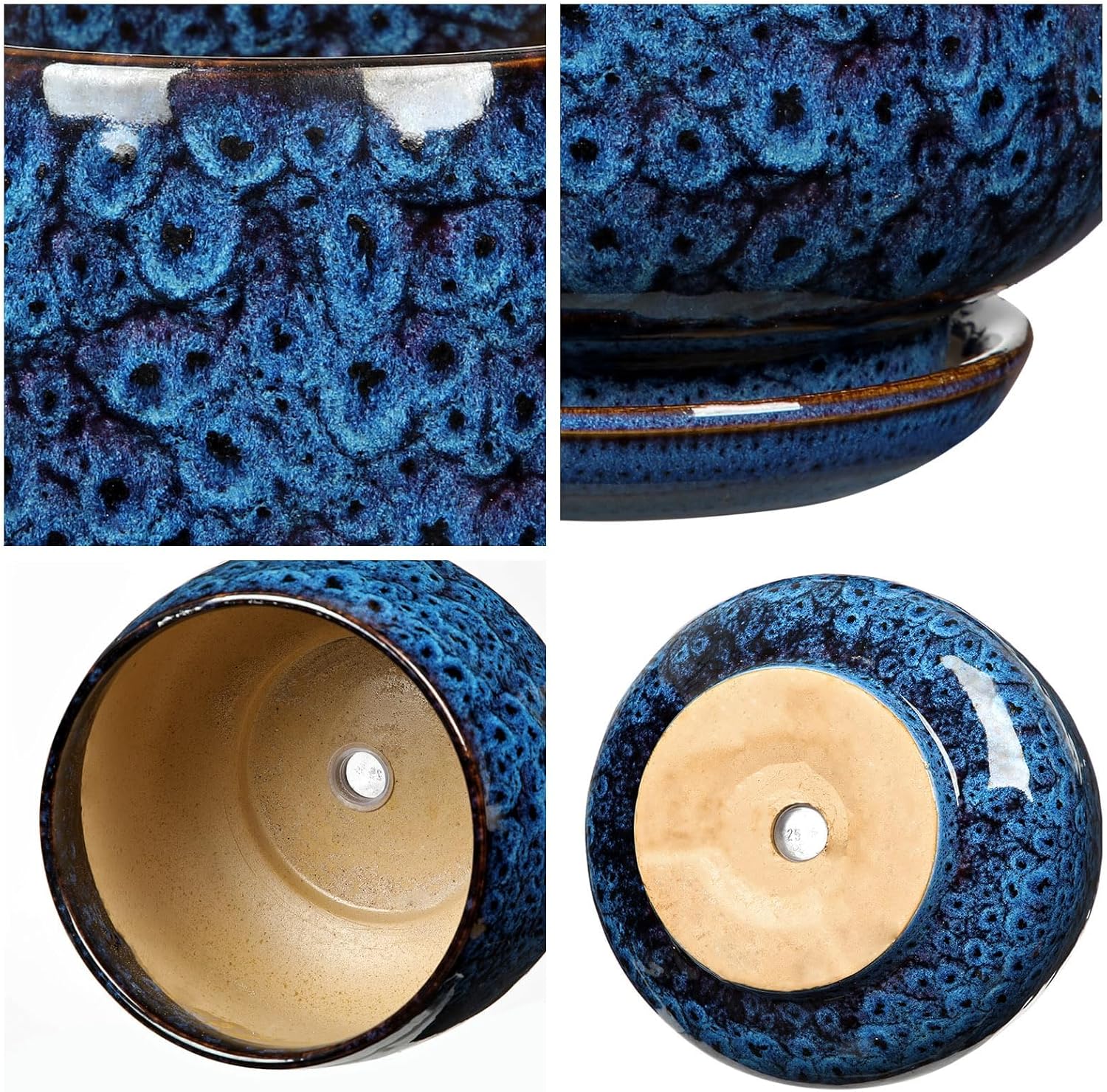 Blue Ceramic Planter Pots with Drainage Holes, Set of 2 7''+5'' Saucers Large Round Plant Pot for Indoor-Outdoor Plants, Succulent Orchid Flower