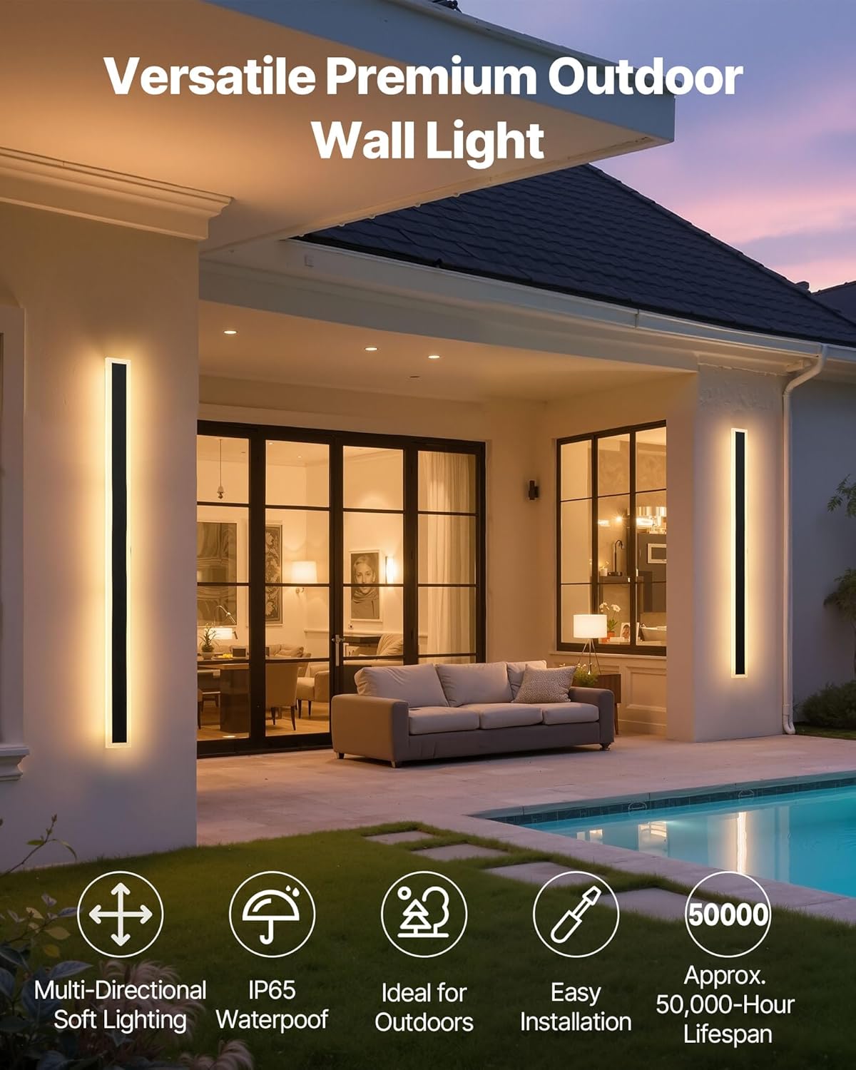 VEVOR Outdoor Wall Lights, 2 Pack, 47.2 Inch Long Strip Modern Exterior Wall Sconce Light Fixtures, 3000K Warm White, IP65 Waterproof Anti-Rust Outside Wall Mount Lighting, for House, Porch, Garage