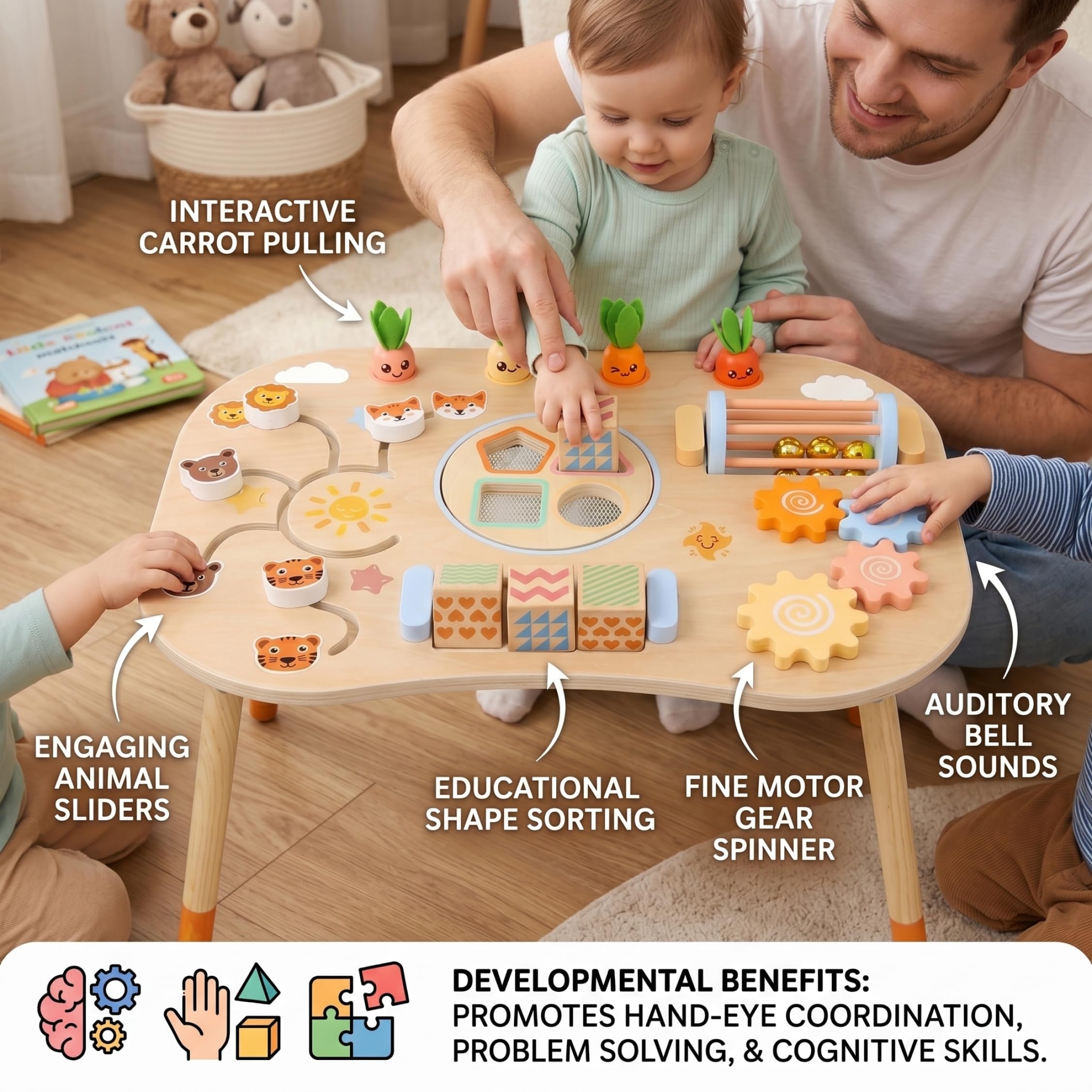 Tavolo da attività per Bambini, Centro attività da Tavolo sensoriale Montessori in Legno 6 in 1, Giochi sensoriali con selezionatore di Forme per Bambini da 1 a 3 Anni