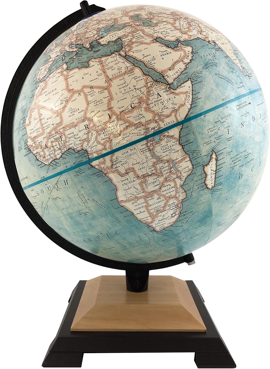 Northampton 12" Diameter Globe, USA Cartography with with Mountain Relief, Two Tiered Base with Natural Finish and Light Blue Designer Globe Ball. The Replogle Northampton 12" Blue Ocean Raised Relief World Globe features a classic and bold design. This wonderful globe features the latest up to date Replogle cartography in executive blue ocean parchment colors. It features a stepped natural finish two-tone base and a calibrated black finished die-cast semi-meridian. The 12" diameter globe features raised relief embossing which reveals the earth's main mountain ranges in a three dimensional way. The Northampton is not only beautiful but educational, featuring up to date political borders and place names.