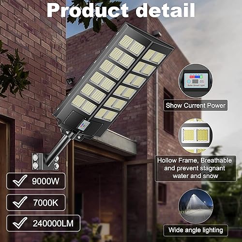 Miniatura 4 de Solar Street Lights Outdoor Waterproof Dusk to Dawn, Large 9000W Outdoor Floodlight LED Motion Sensor, 7000K Wide Angle Parking Lot Flood Lamp